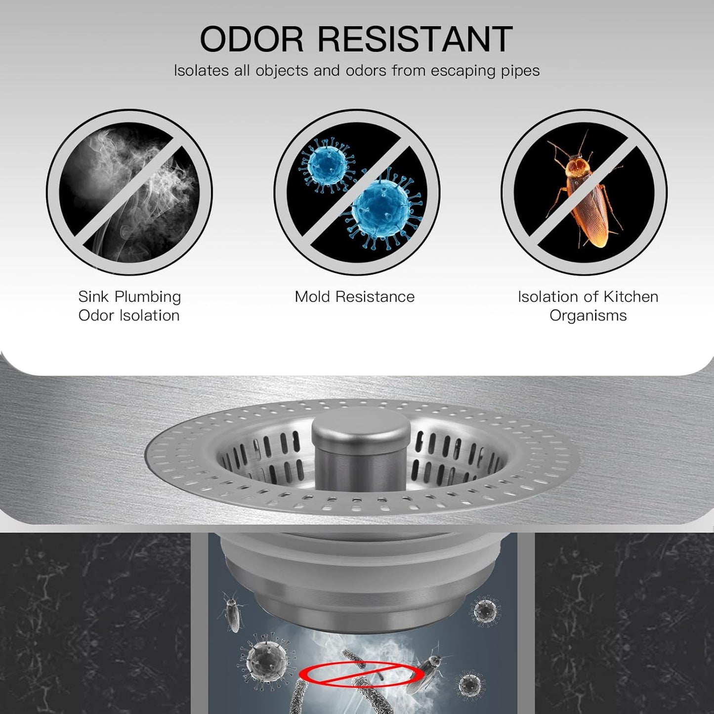 3 in 1 Kitchen Sink Drain Strainer Stopper, Stainless Steel Pop Up Sink Stopper with Anti-Clogging Basket Strainer Width 3.07" Height 1.77 for Deep Sink (Silver)