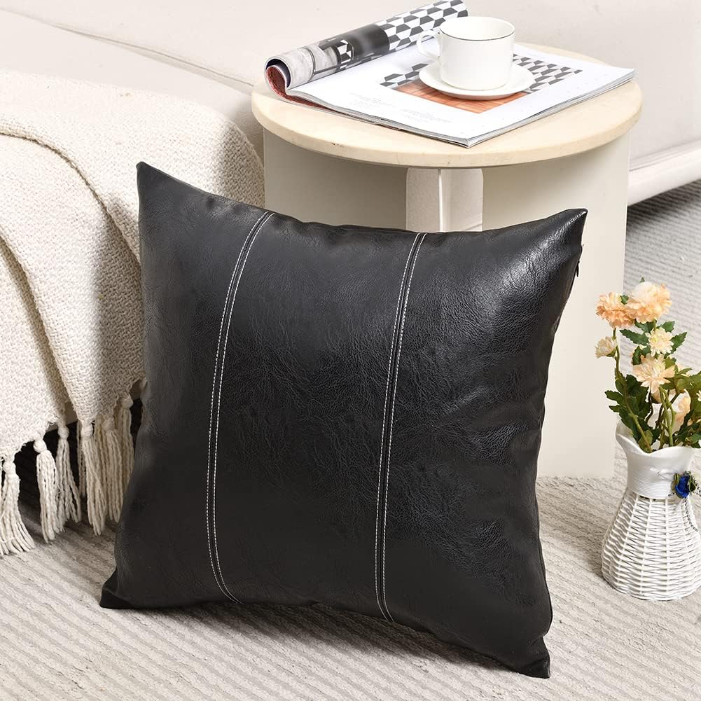 Fancy Homi Black Boho Faux Leather Decorative Throw Pillow Covers 20x20 Inch for Living Room Couch Bed Sofa, Rustic Modern Farmhouse Home Decor, Hand Stitched Square Cushion Case 50x50 cm