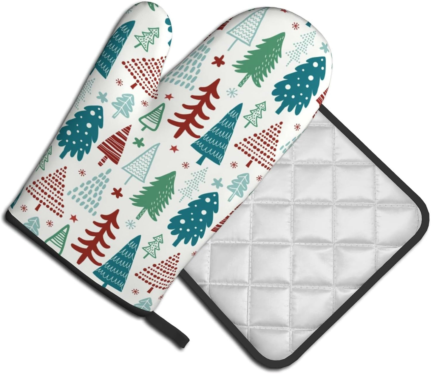Pine Tree Oven Mitts and Pot Holder Set of 2 Winter Xmas Washable Kitchen Heat Resistant Gloves for Microwave BBQ Cooking Baking Grilling