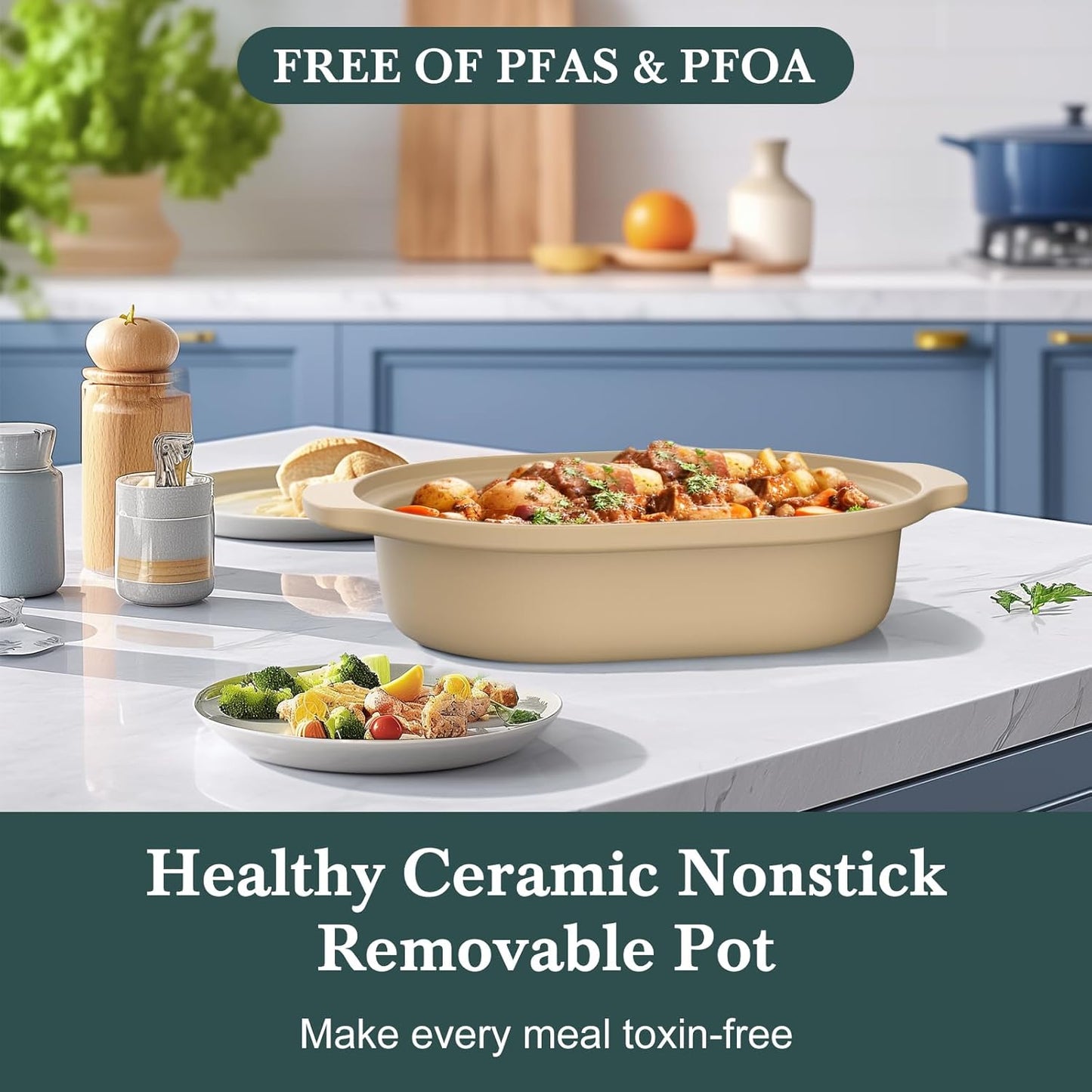 4 Quart Programmable Slow Cooker with Flexible Easy Programming, 8-in-1 Multi-Cooker with Dishwasher Safe Lid & Removable Crock Pot & Wooden Spoon, Nonstick, Oven Safe Pot to 500°F, Brown