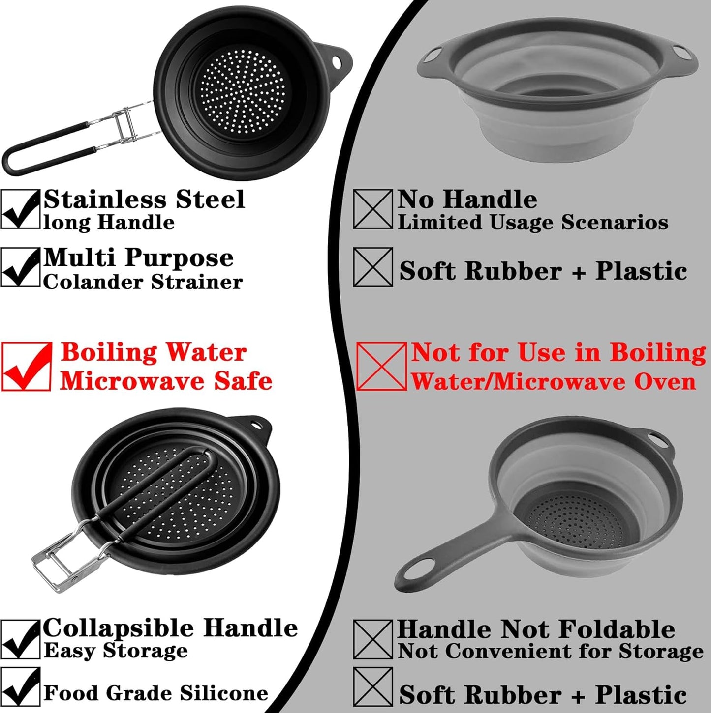 Silicone Collapsible Colander with Handle,Home/RV Kitchen Space Saving Silicone Colander,Drainage of Food,Vegetables,Fruits (Black)