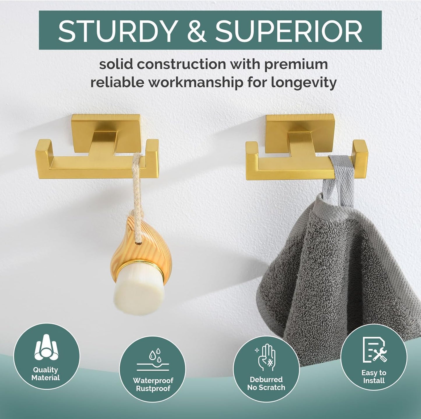 Angle Simple Double Towel Hook Brushed Gold 2 PCS, SUS304 Stainless Steel Bathroom Hand Towel Holder, Double Robe Hook for Wall