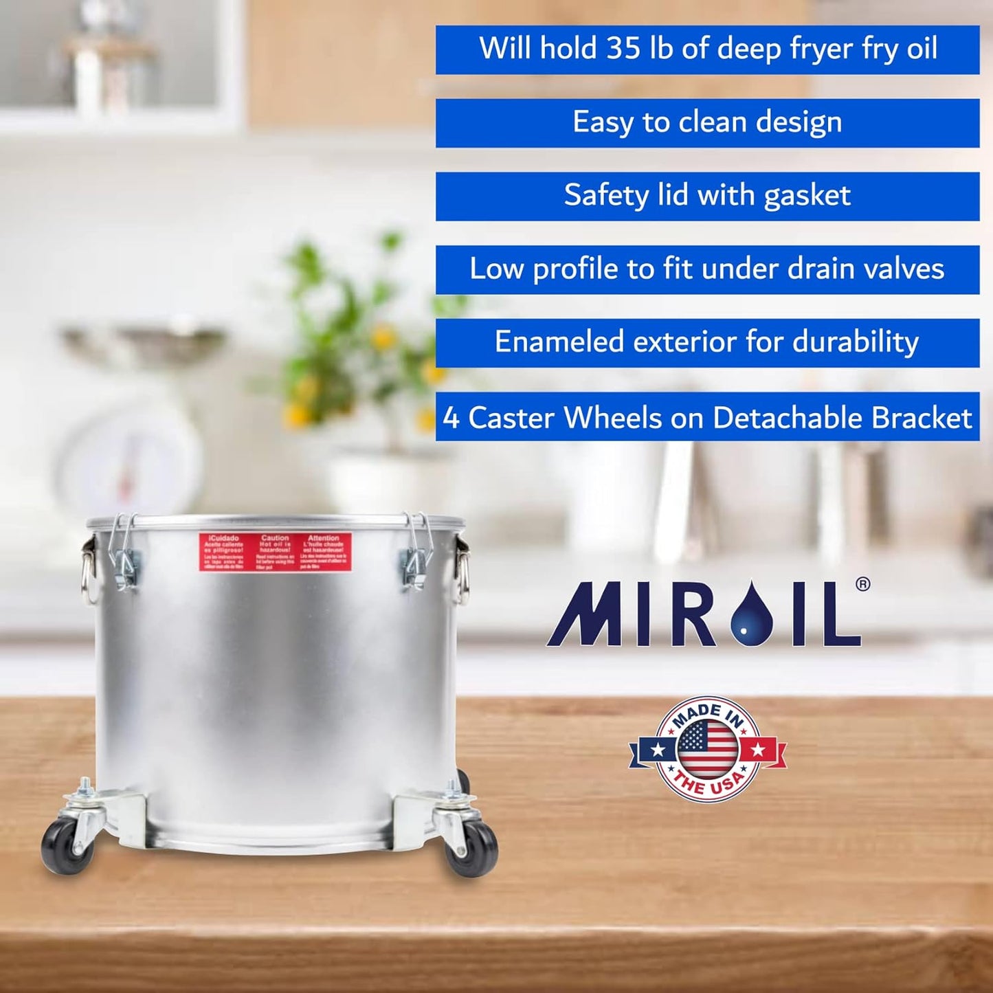 MirOil 7 Gallon Oil Disposal Caddy with Caster Wheels, USA Made Deep Fryer Grease Bucket Pot with Lid Lock & Lock Clip, 35Lb. Frying Oil Disposal Storage Container, Filtering Hot Cooking Grease - 40LC
