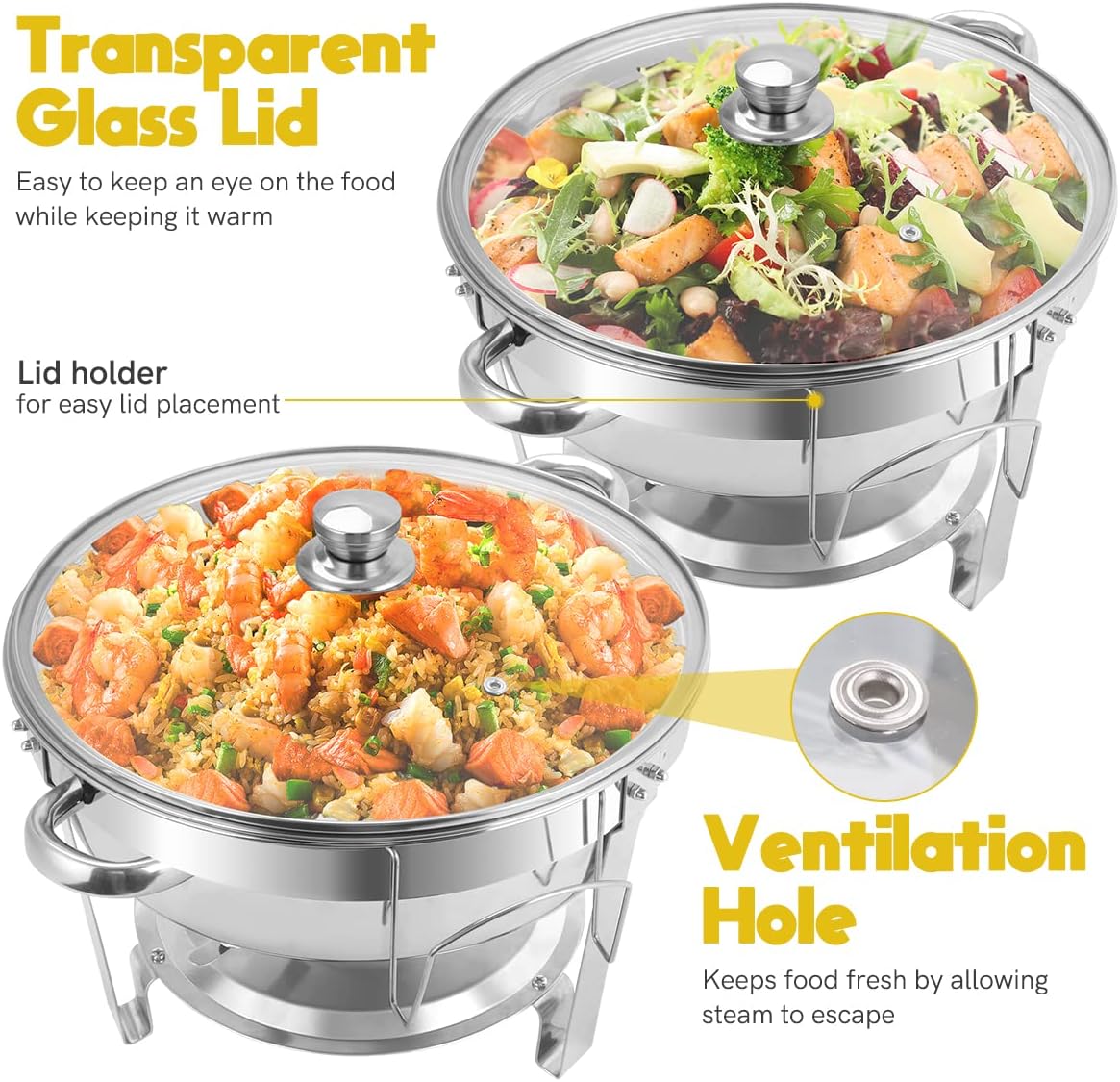 Chafing Dish Buffet Set 6 Packs, 5 QT Stainless Steel Round Chafing Dishes with Glass Lid & Lid Holder, Food Warmer For Parties Buffet Weddings Catering Events
