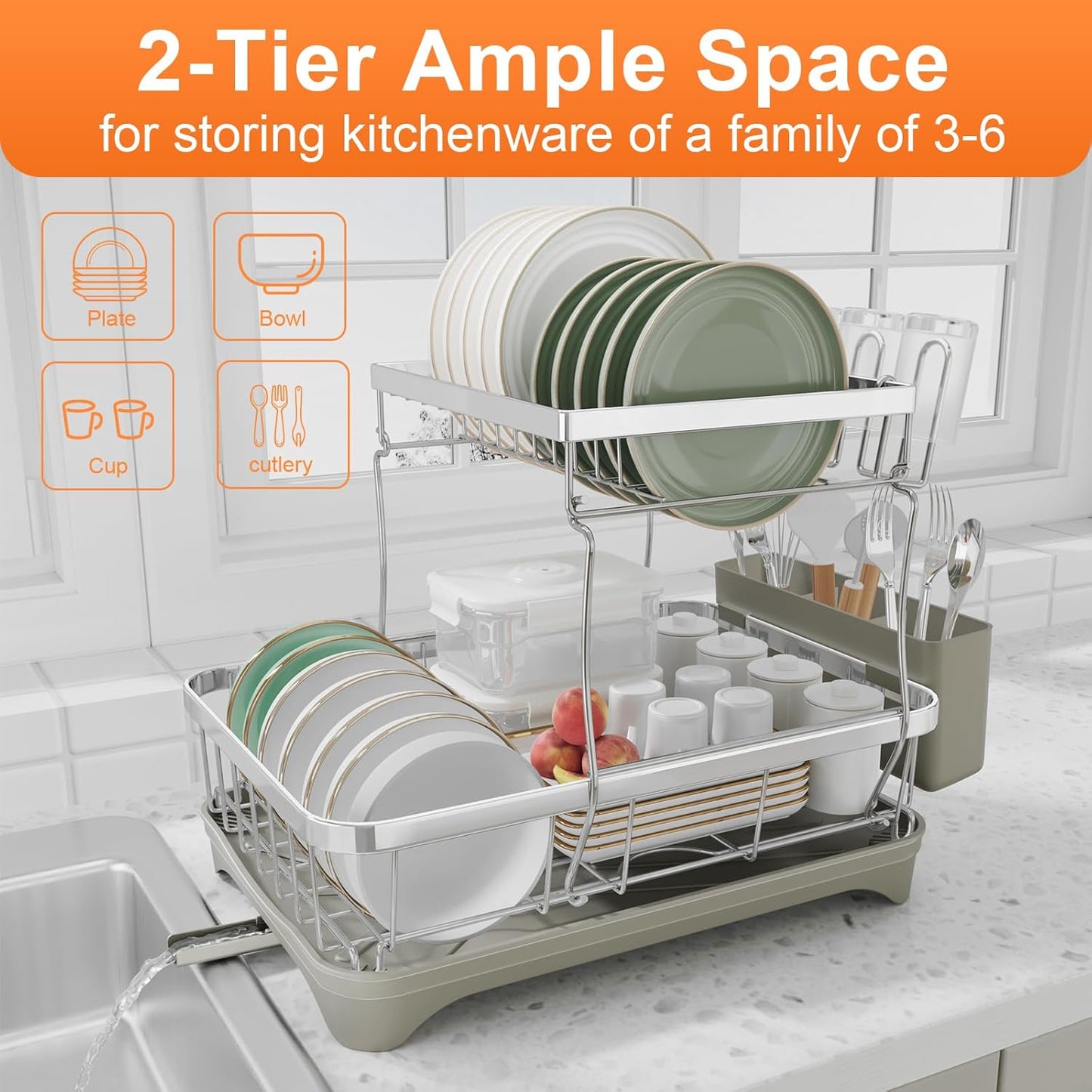 Dish Drying Rack, 2 -Tier 304 Stainless Steel Adjustable Spout Auto-Draining Dish Rack, Space Saving Dish Drainer with Drainboard and Utensil Holder for Kitchen Counter Grey