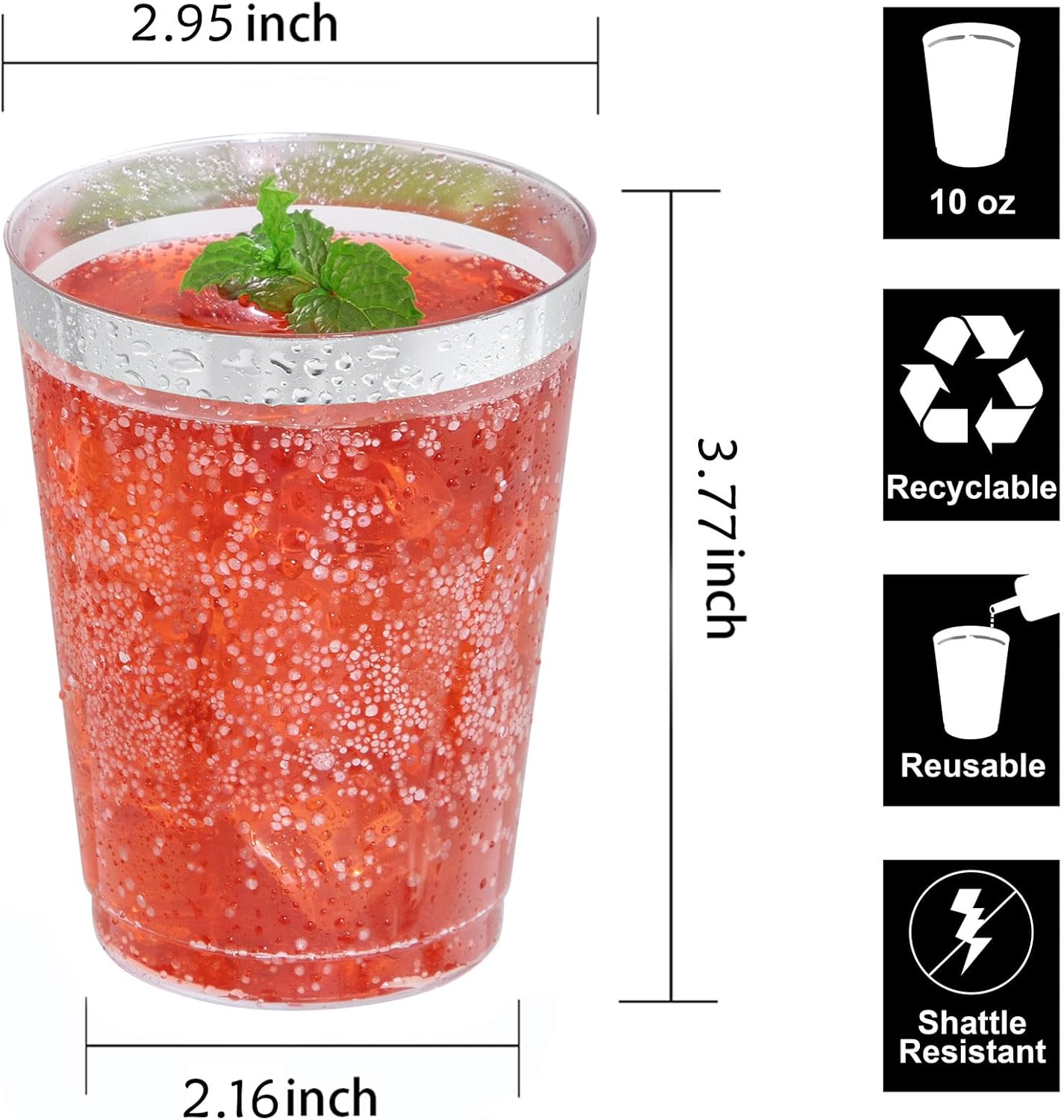 I00000 100PCs Silver Plastic Cups, 10 oz Clear with Silver Trim, Heavy-Duty Disposable Hard Plastic Cups for Party & Wedding