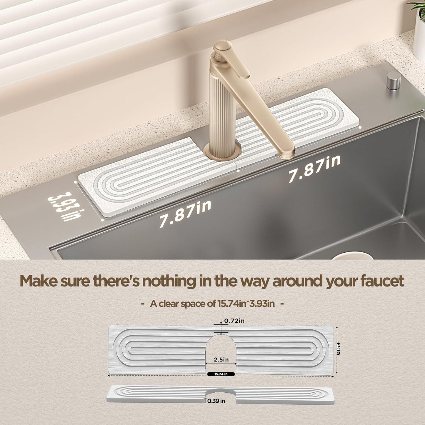 Faucet Mat for Kitchen Sink, Diatomite Stone Drying Sink Protectors, Bathroom Faucet Splash Guard, Quick Dry Water Absorbing, Non-Slip Stone Tray for Kitchen Counter, White, 15.7" x 3.9"