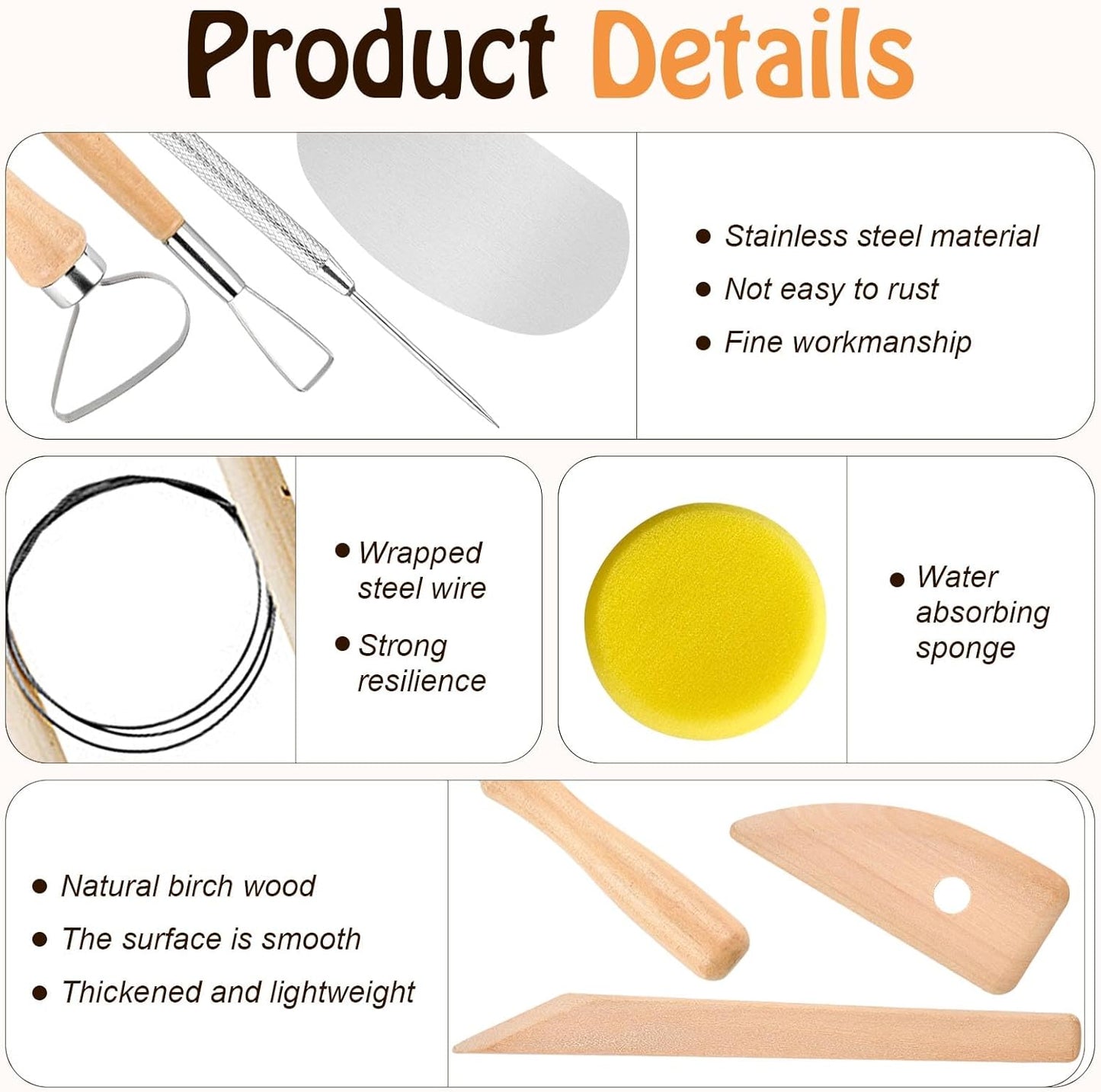 Akamino 20 Pcs Pottery Tools Include 1 Wood Rolling Pin,1 Portable Pottery Linen Tablecloth, 10 Pcs 5 Size Teaching Rolling Mud Stick Guide, 8 Clay Sculpting Tools for Manual Self Ceramic Clay Making