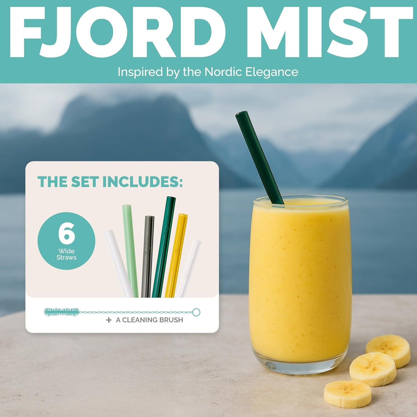 Simply Straws Wide Glass Straws (6-Pack) - 10in x 12mm Reusable Glass Smoothie Straws for Milkshakes, Juices & Slushies, with Cleaning Brush - Dishwasher Safe, Hot & Cold Use, BPA-Free (Fjord Mist)