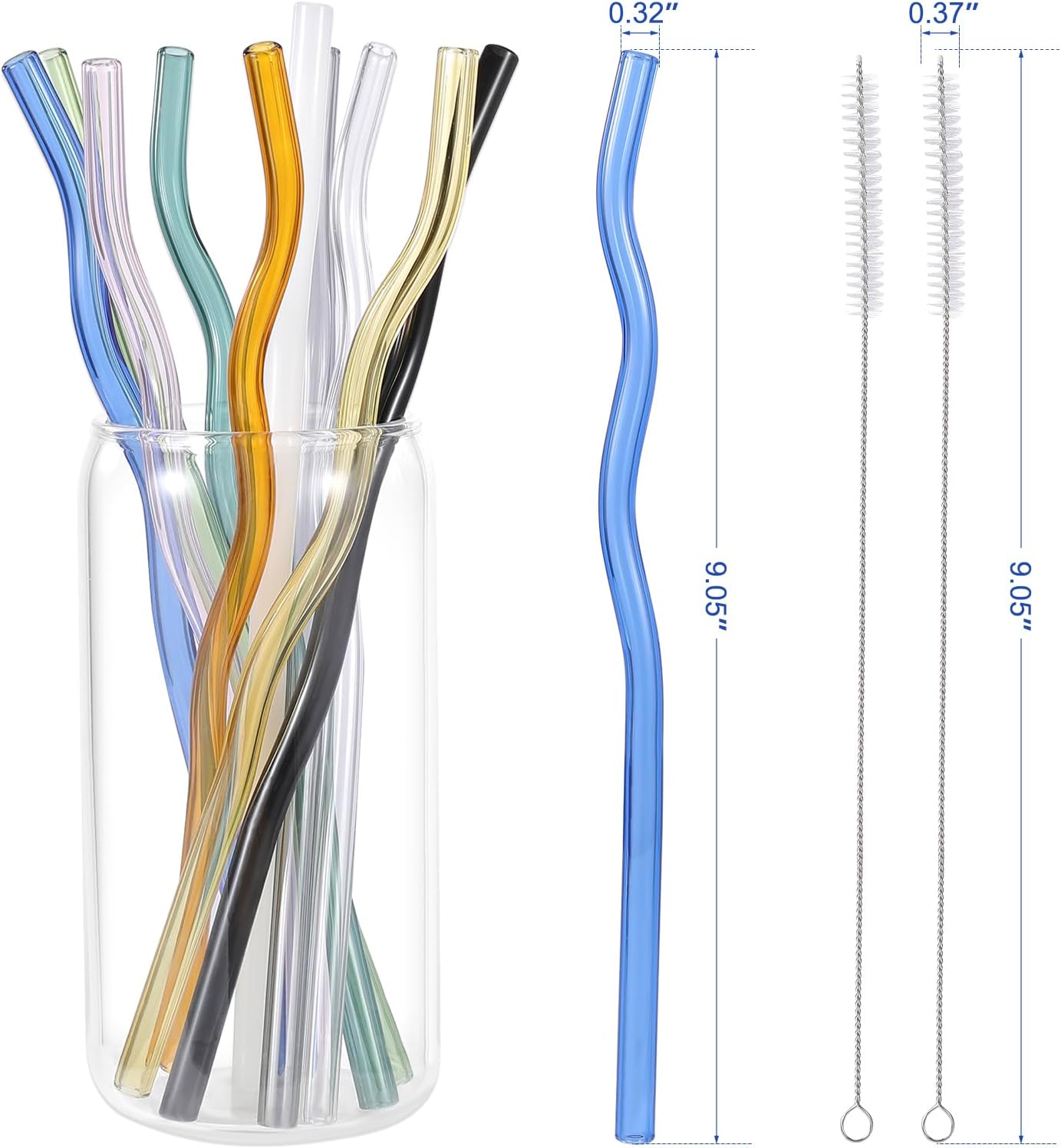 10 Pcs Reusable Wavy Colorful Glass Straws,9''x8 mm Shatter Resistant Cute Drinking Straws with 2 Cleaner Brush for Beverages,Coffee,Juice,Cocktail,Teas