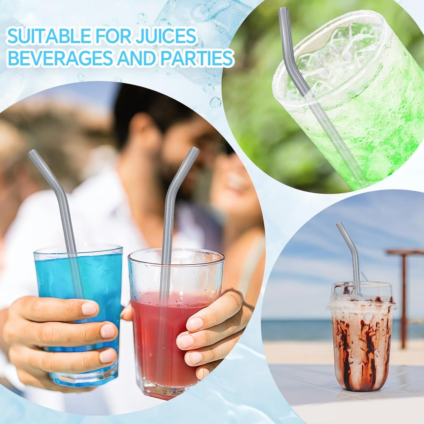 12 Pcs Reusable Glass Straws 8"x 8 mm Bent Glass Drinking Straws with Cleaning Brush for Tea, Smoothies, Milkshakes, Juices,Beverages(smoky gray)