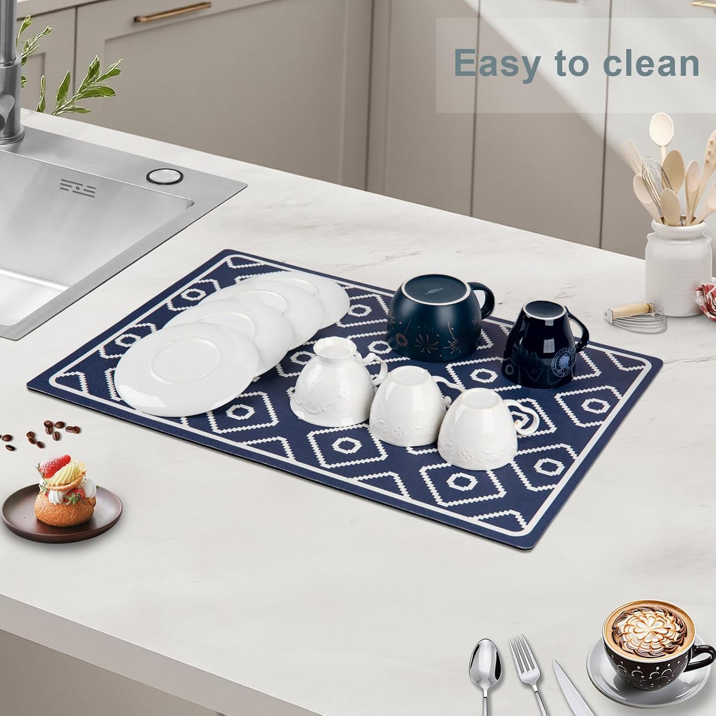 SUEH DESIGN Dish Drying Mat, Absorbent Coffee Mat 23.6 x 15.7 in Quick Dry Kitchen Drying Dish Drain Mat for Kitchen Counter Coffee Bar, Dark Blue