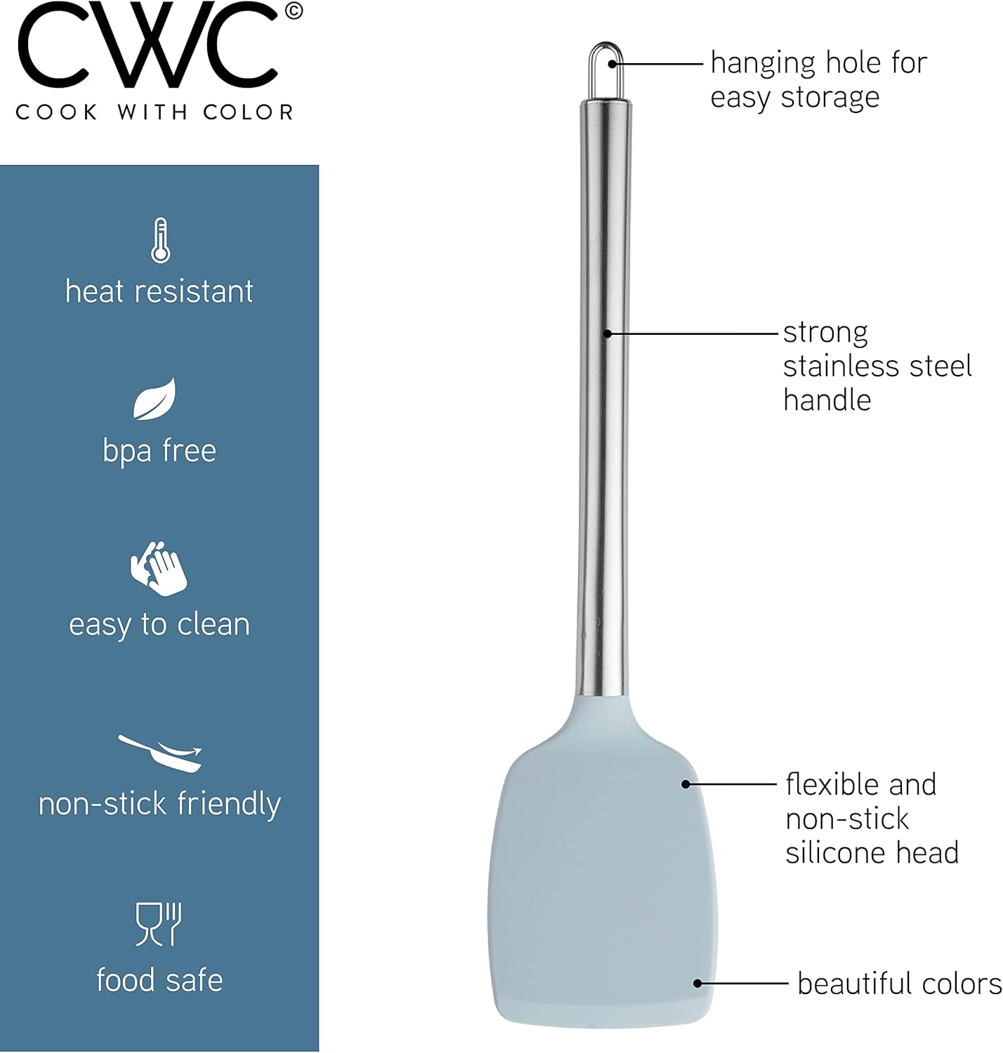 COOK WITH COLOR Silicone Cooking Utensils, Kitchen Utensil Set, Easy to Clean Silicone Kitchen Utensils, Cooking Utensils for Nonstick Cookware, Kitchen Gadgets Set, 5 Pieces, Blue and White