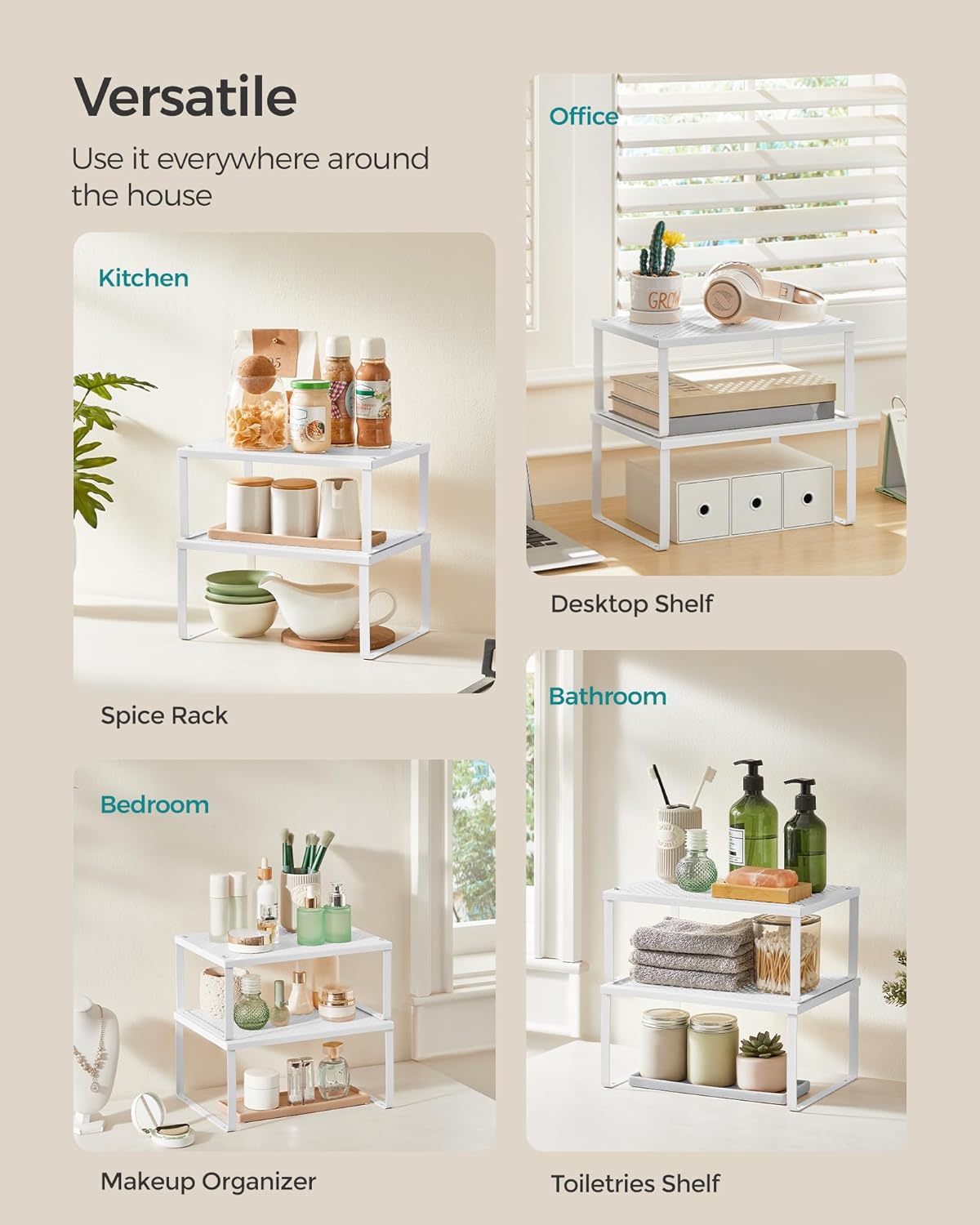 SONGMICS Spice Racks, Set of 4 Metal Cabinet Shelf Organizers, Countertop Organizers, Shelf Risers, Stackable, Expandable, White UKCS006W01