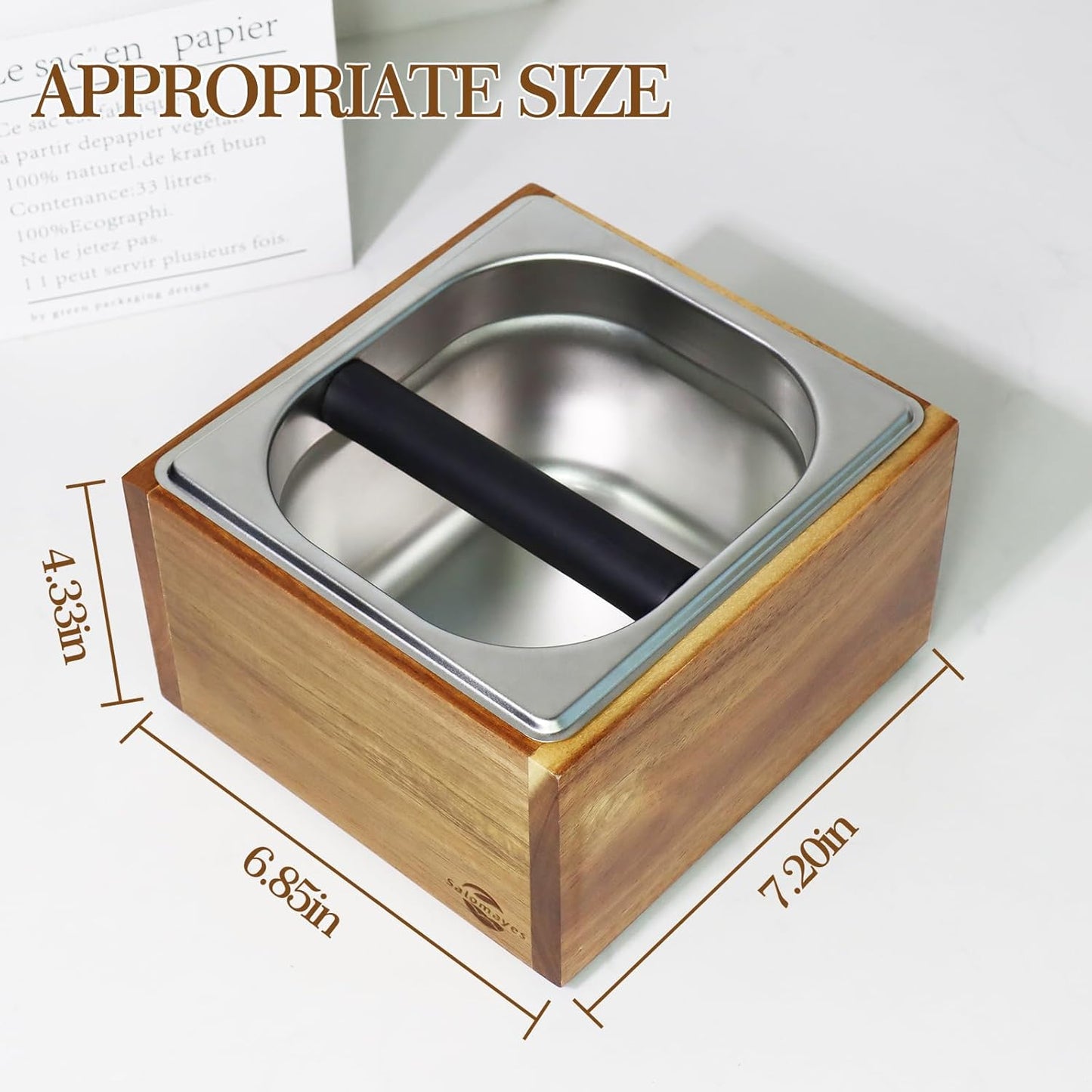 Acacia Wood Espresso Knock Box, Large Capacity with Stainless Steel Interior, Silicone Knock Bar, Anti-Slip Base, Noise-Reducing & Shock-Absorbing Design, Removable for Easy Cleaning