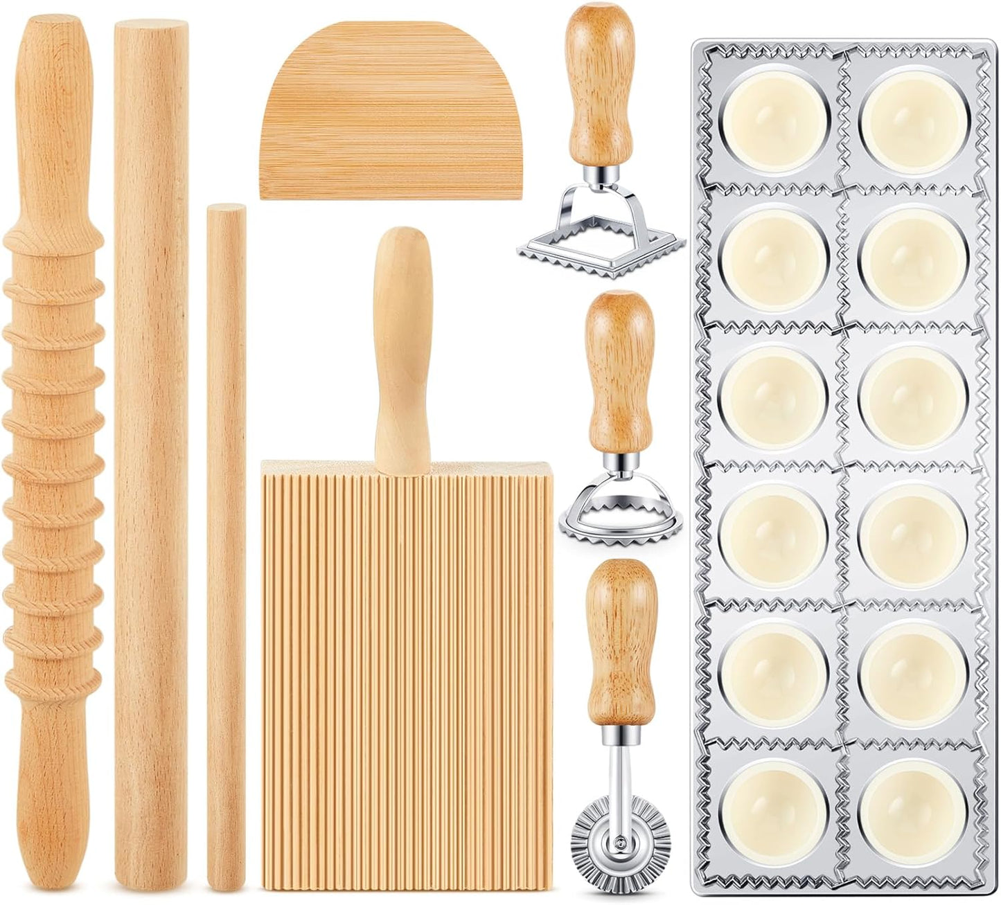Tioncy 9 Pcs Pasta Making Tool Ravioli Gnocchi Maker Set Include Ravioli Mold Wooden Cutter Rolling Pin Gnocchi Board Wood Stick Dough Scraper Pasta Stamps(Simple Style)