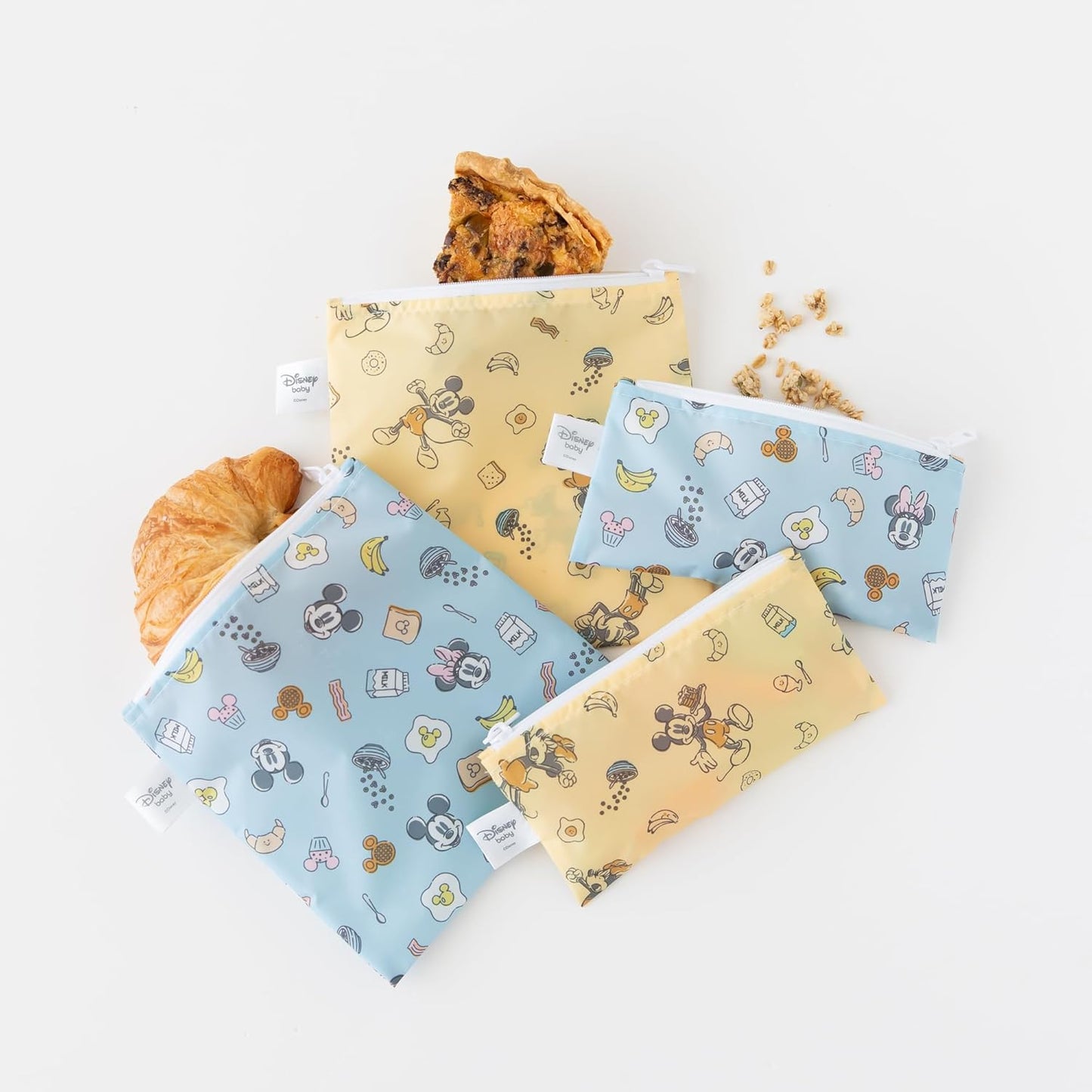 Bumkins Disney Reusable Sandwich and Snack Bags, for Kids School Lunch and for Adults Portion, Washable Fabric, Waterproof Cloth Zip Bag, Travel Pouch, Food-Safe Storage, 4-pack Set Mickey and Minnie