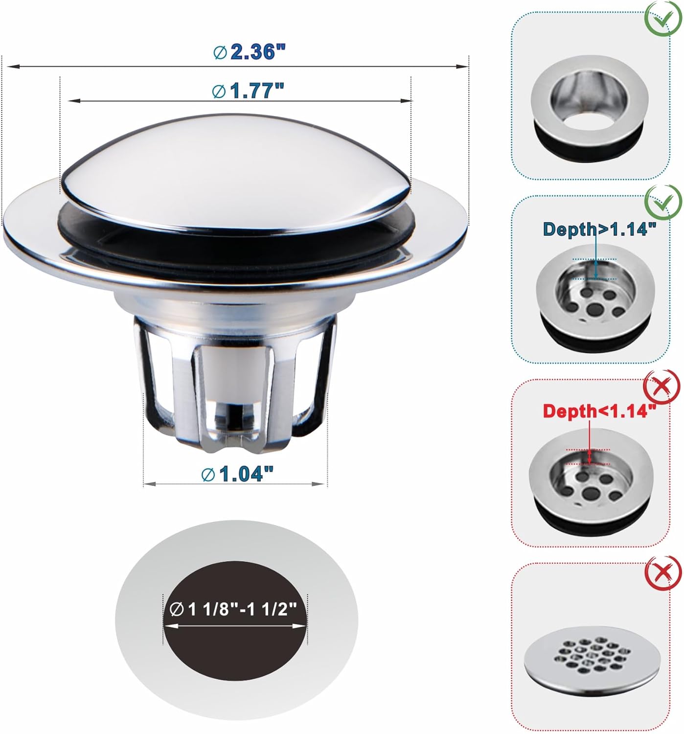 Chrome Bathroom Sink Drain Stopper,Welsan Universal Pop-Up Drain Stopper Plug Strainer with Hair Catcher for 1 1/8"-1 1/2" Drain Hole,Anti-Clogging Filter Chrome Plated