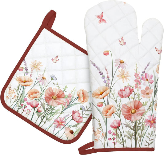 Pink Floral Oven Mitts and Pot Holders Sets 2Pcs, 100% Cotton Heat Resistant, Extra Long Oven Gloves Potholder for Kitchen Cooking Baking Decoration