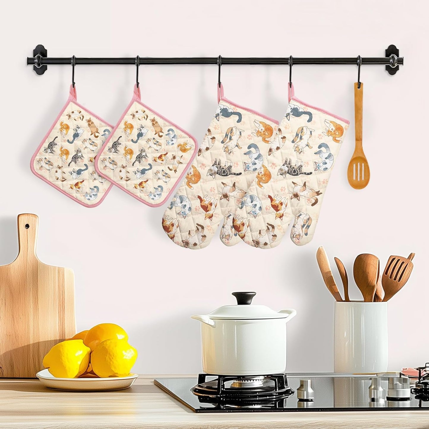 Cat Oven Mitts and Pot Holders Sets 4Pcs, 100% Cotton Heat Resistant, Extra Long Oven Gloves Potholder for Kitchen Cooking Baking Housewarming