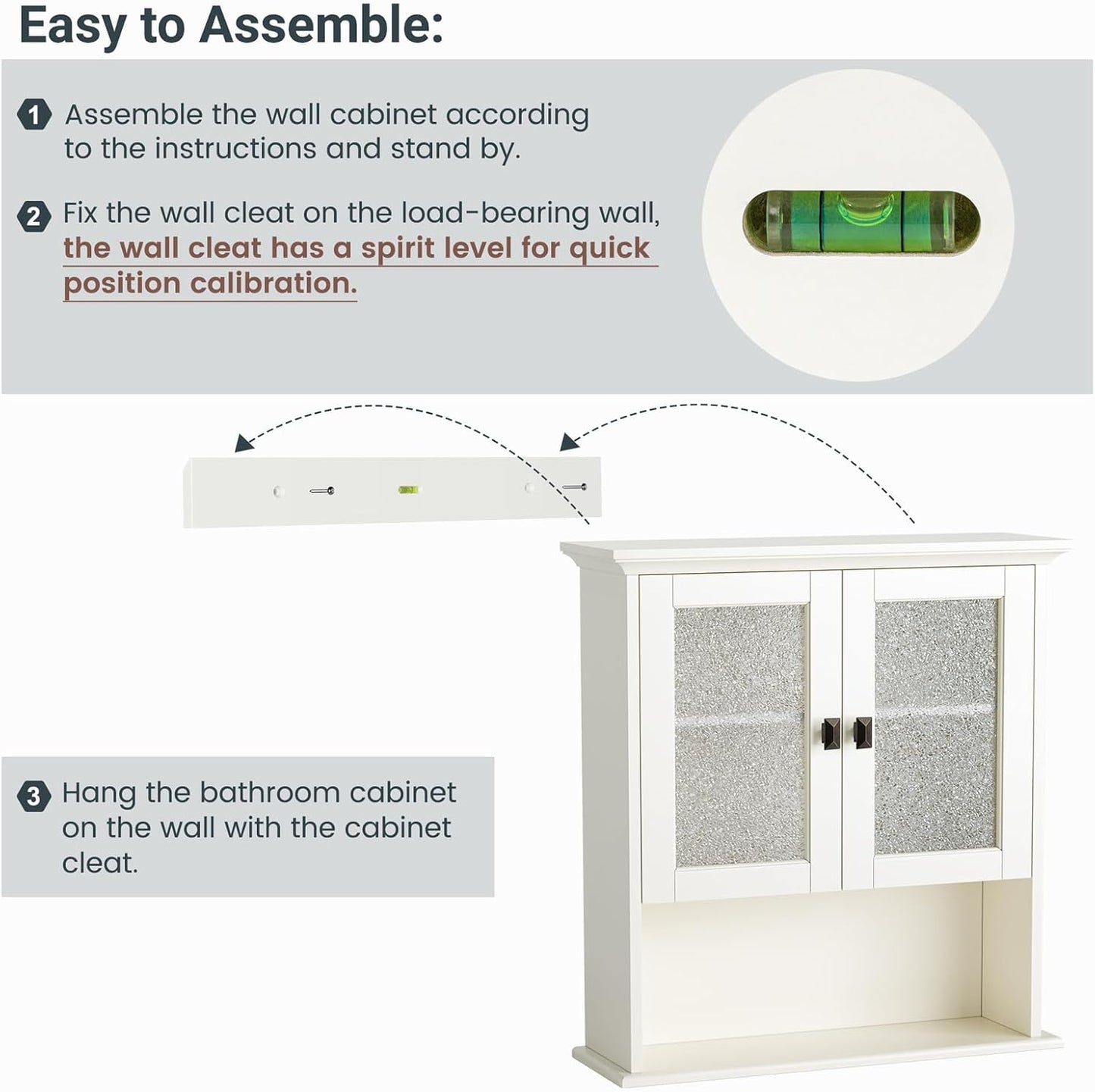 Bathroom Cabinet Wall Mount, Over Toilet Storage Cabinet with Glass Door Build-in Spirit Level Cupboard Hanging Medicine Cabinet for Bathroom Laundry Kitchen Living Room (Cream White)
