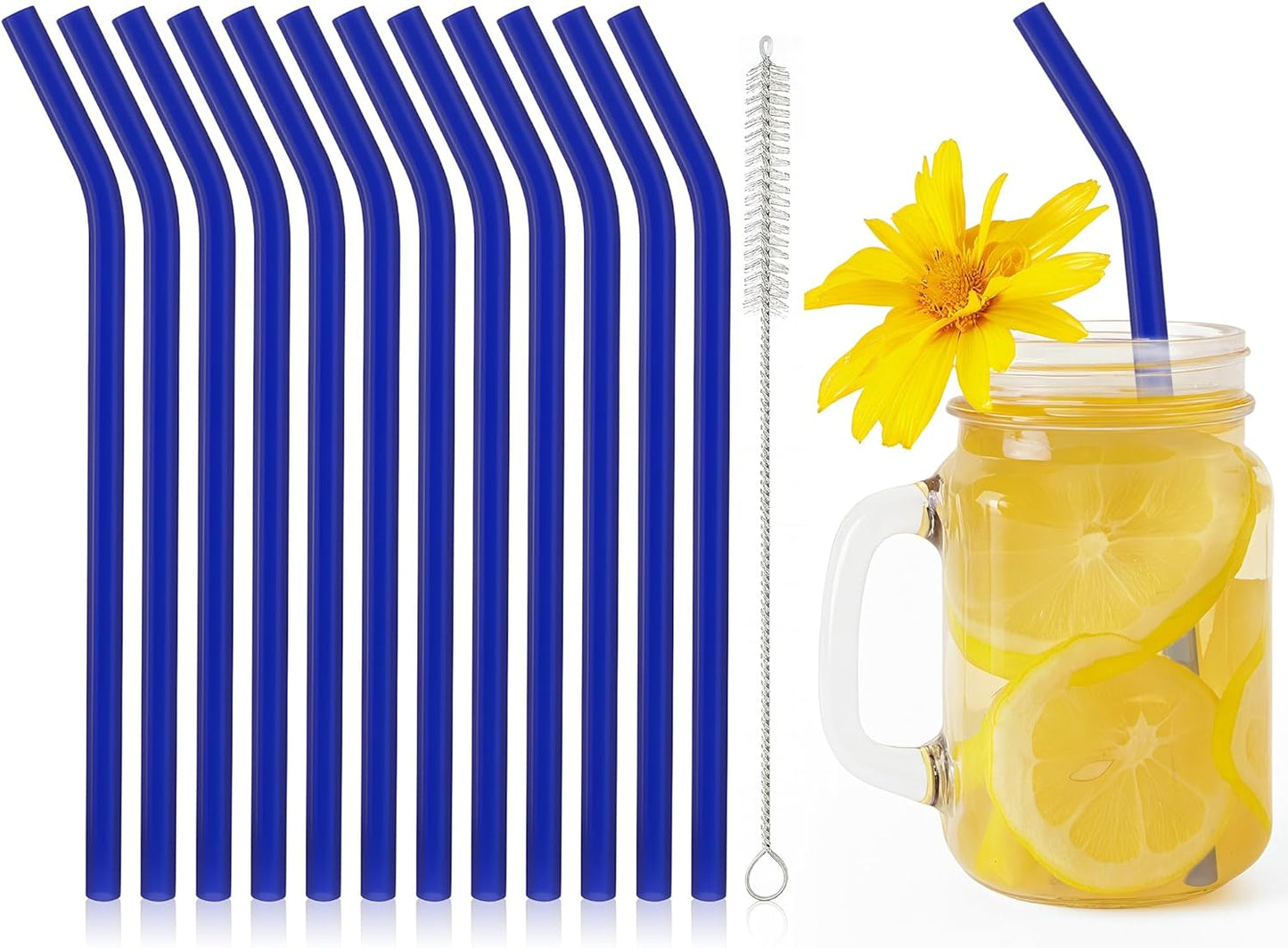 12 Pcs Reusable Glass Straws 8"x 8 mm Bent Glass Drinking Straws with Cleaning Brush for Tea, Smoothies, Milkshakes, Juices,Beverages(dark blue)