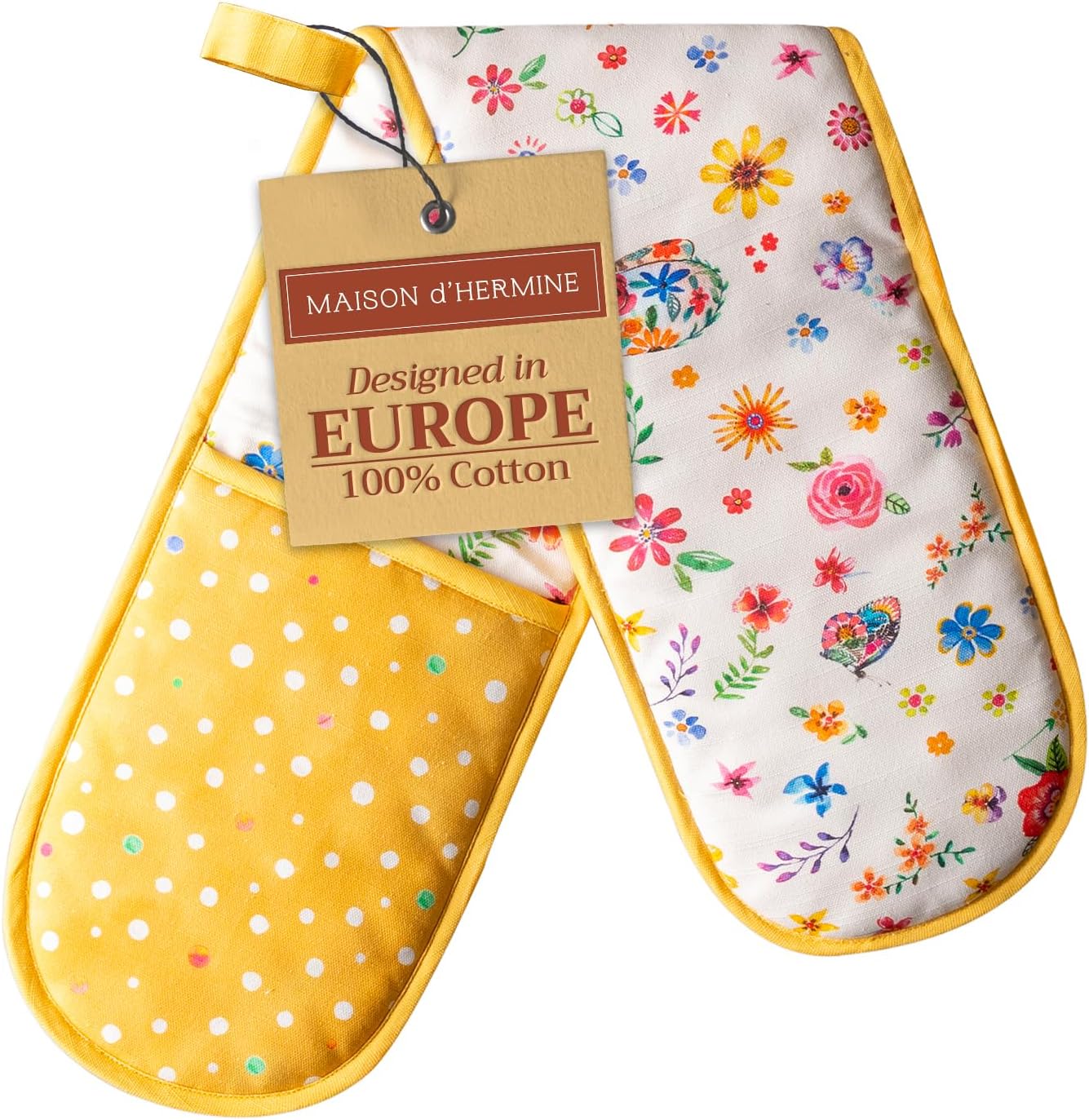 Maison d' Hermine Double Oven Mitts 100% Cotton 7"x35" Double Oven Mitt Heat Resistant BBQ Cooking Gloves with Loop, Baking, Grilling, Kitchen, Handling Hot Pans Spring Summer (Happy Florals - Sweety)
