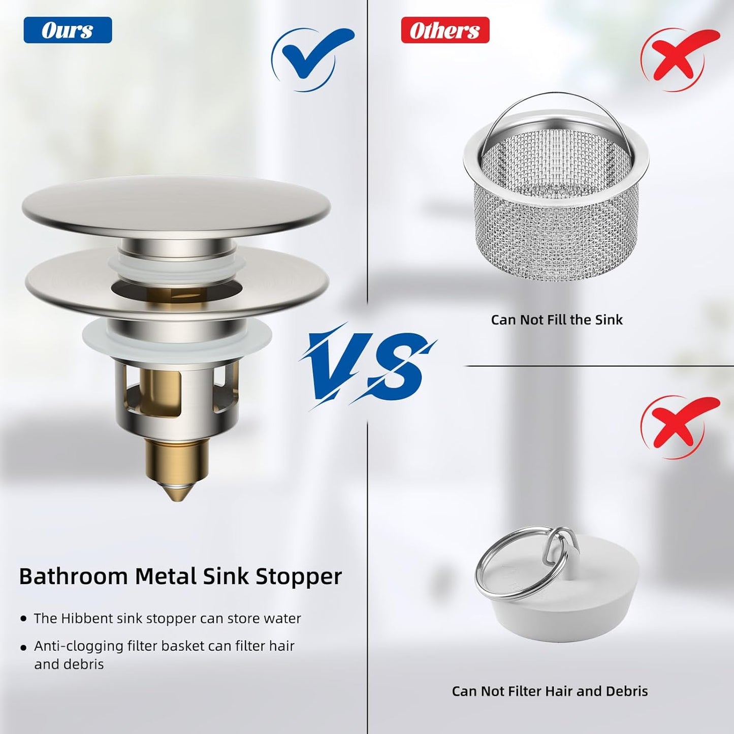 Hibbent 2 Pack All Metal Upgraded Bathroom Sink Stopper, Universal Pop Up Sink Drain Strainer, Brass Bullet Core Push Type Stopper for 1.1''~2.3''' Basin, Anti Clogging Drain Filter, Brushed Nickel