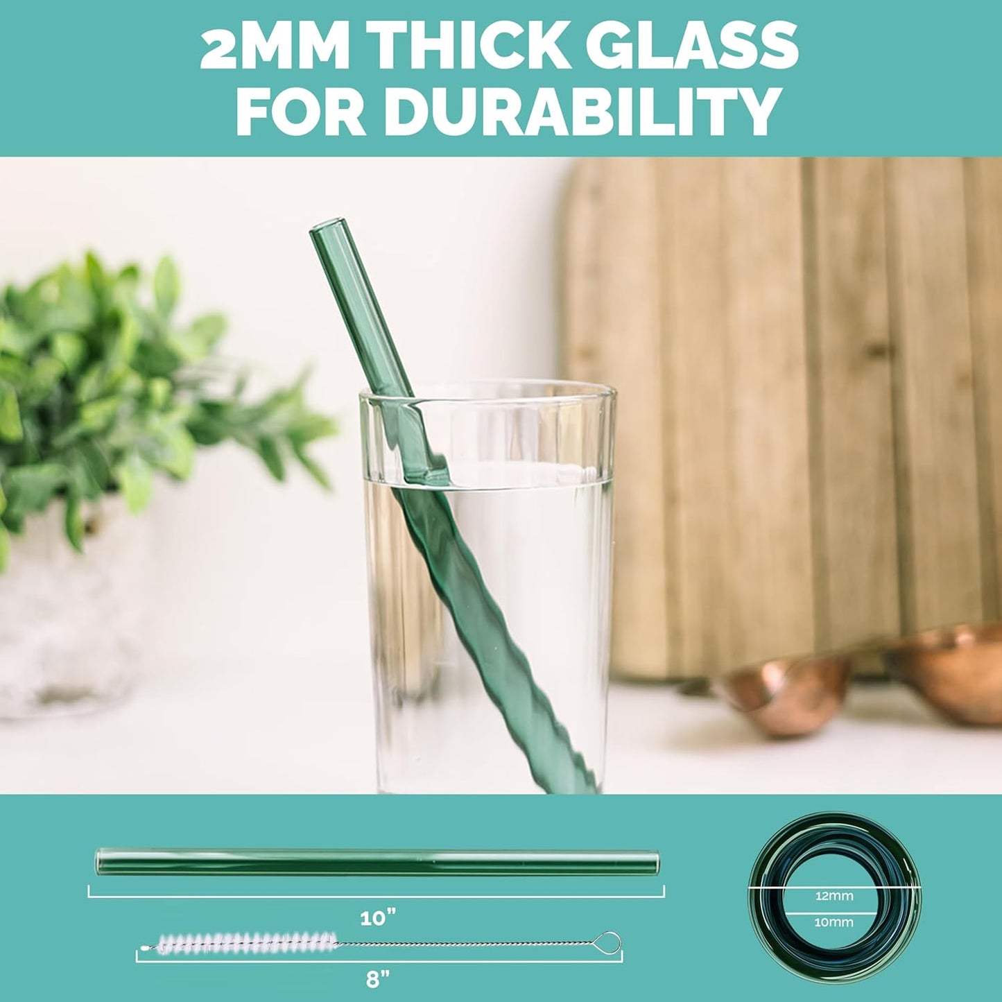 Simply Straws Wide Glass Straws (6-Pack) - 10in x 12mm Reusable Glass Smoothie Straws for Milkshakes, Juices & Slushies, with Cleaning Brush - Dishwasher Safe, Hot & Cold Use, BPA-Free (Meadow)