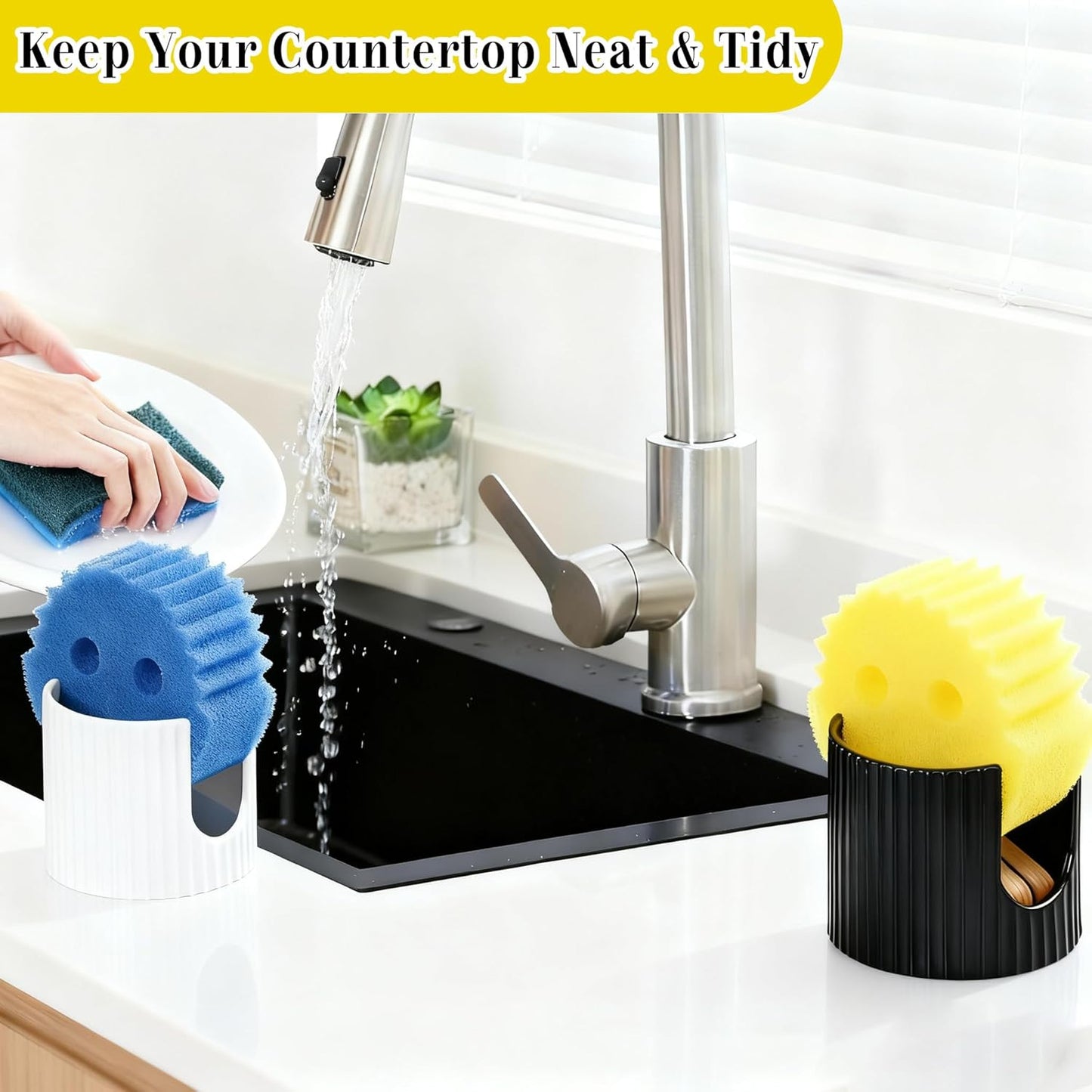 Ceramic Sponge Caddy for Kitchen Sink - Black Dish Sponge Holder, Scouring Pads Drying Rack for Countertop