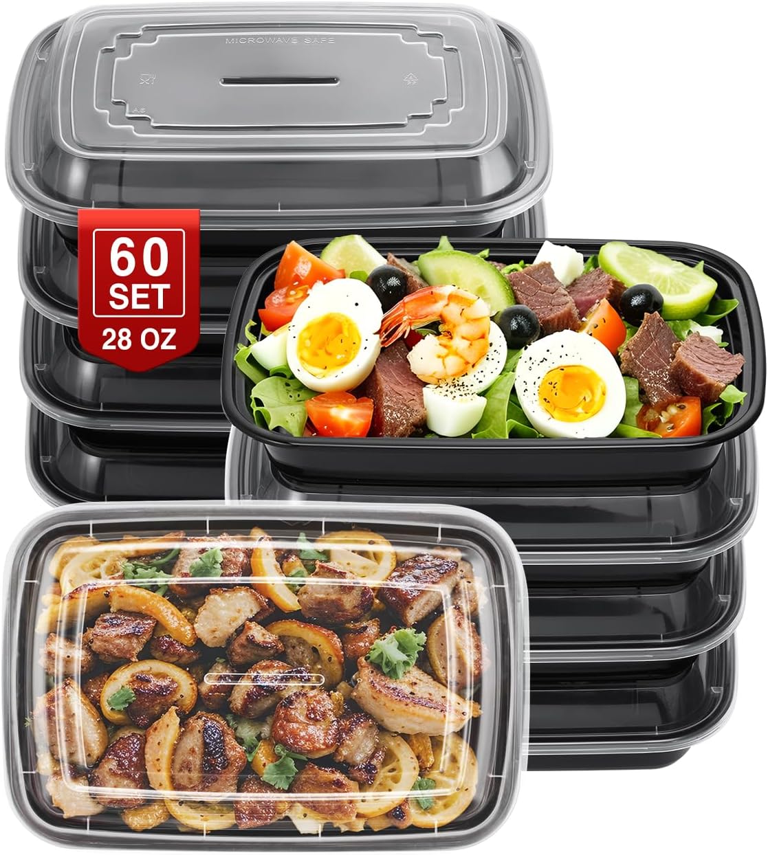 60 Sets 28oz Meal Prep Container - Reusable Plastic Food Storage Containers with Lids, Fits Microwave, Freezer and Dishwasher Safe