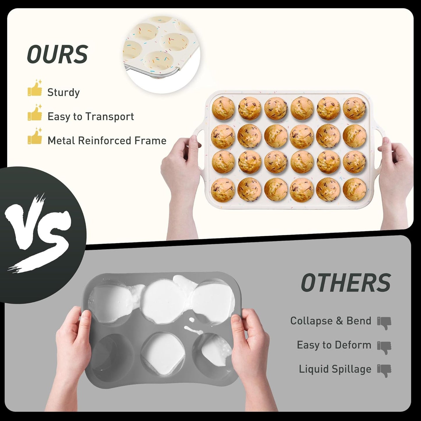 2 Packs 24 Cups Silicone Muffin Pan with Metal Reinforced Frame Mini Size Cupcake Pan Tray Egg Bites Silicone Circle Cookie Molds Muffin Tin Tart Pans Baking Sheet Set for Breakfast Sandwiches