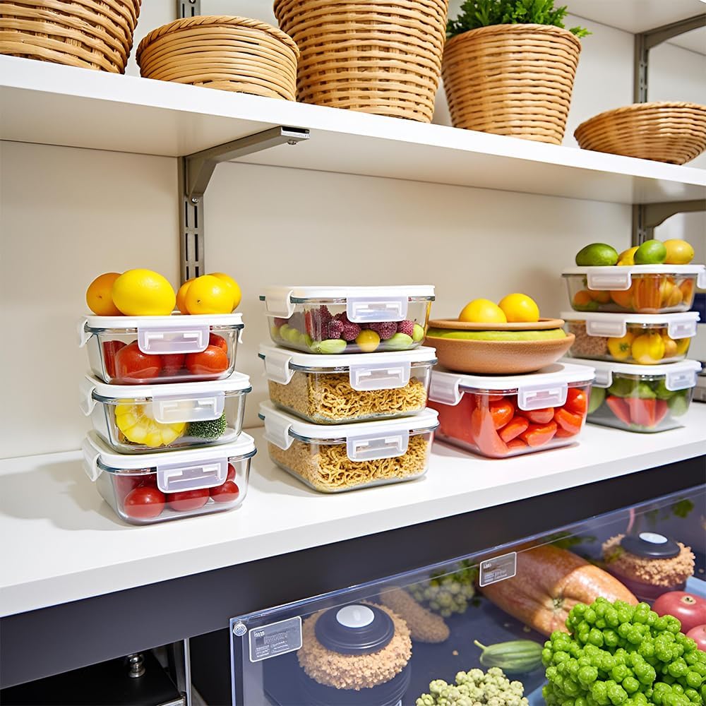 16PC Square Glass Storage Containers With Lids, 2 Cup Glass Food Containers With Lids, Square Meal Prep Bowls, Small Bowls For leftovers, Dishwasher, Freezer Safe (8 lids & 8 Containers)