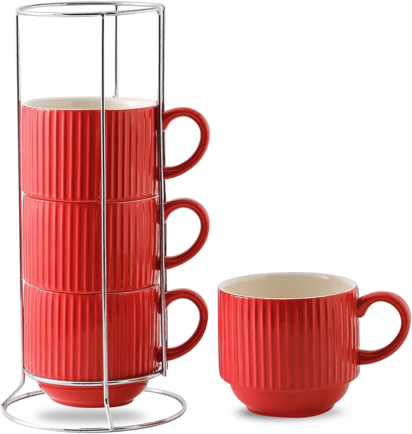 Hasense Red Coffee Mugs, 15 oz Stackable Coffee Cups Set of 4 with Rack - Ceramic Large Ribbed Modern Latte Cup Set for Cappuccino, Tea, Hot Cocoa, Drinks - Dishwasher & Microwave Safe