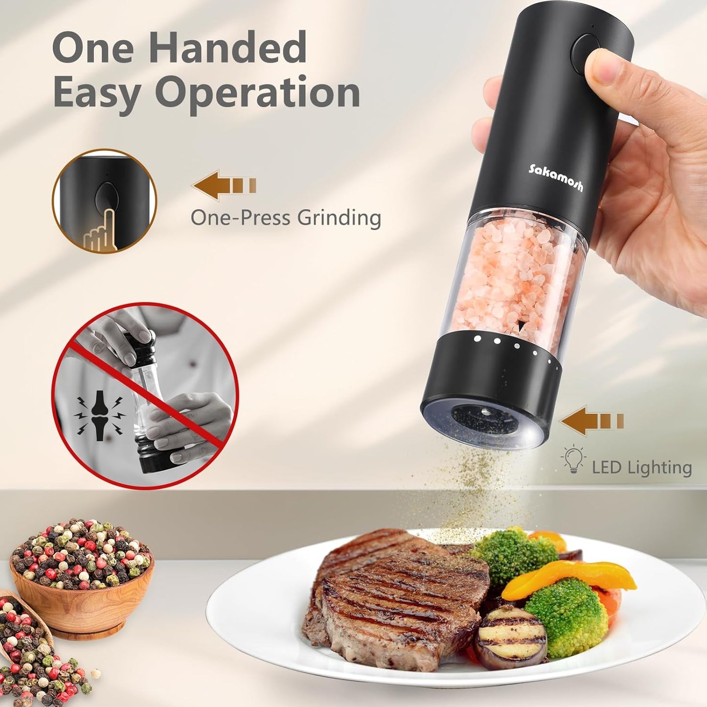 Electric Black Salt and Pepper Set with base, Rechargeable 6 External Adjustable Coarseness Automatic Pepper Mill Shakers, 95ml Large Capacity, One-Handed Operation 2 Pack