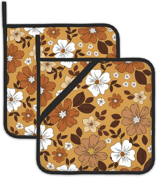 2 Pack Vintage Floral Pot Holders for Kitchen Heat Resistant, White Brown Flowers Potholders for Kitchens Washable for Cooking & Baking & Microwave