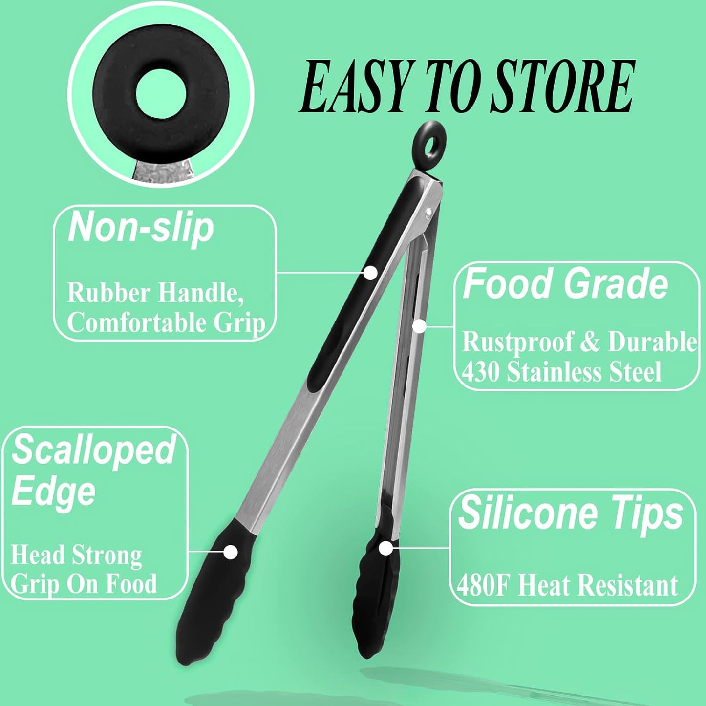 HST Tongs for Cooking with Silicone Tips(3 Pack), Non Stick Kitchen Tongs with Silicone Tip for Cooking BBQ Baking (12", Black)