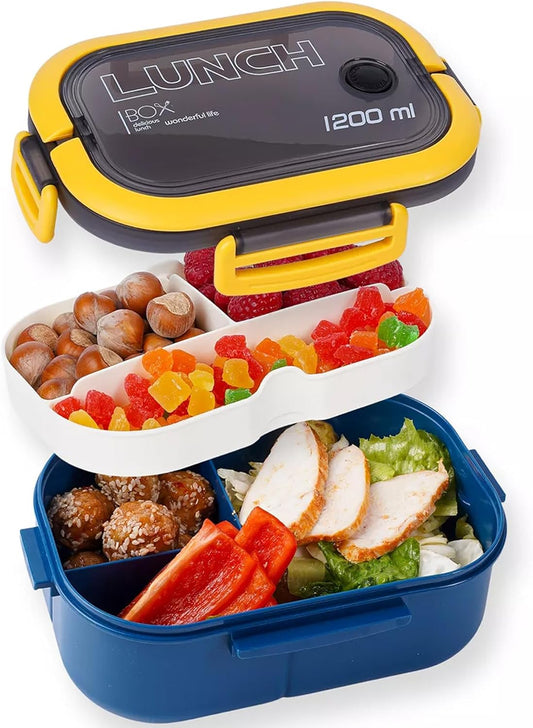 Bento Box Adult, Lunch Box for Men and Women, 1200ML Leak-proof Double-layered with Handle Lunchbox, Reusable BPA-Free Lunch Container, Microwave/Dishwasher Safe, Snack Box with Cutlery Set, Blue