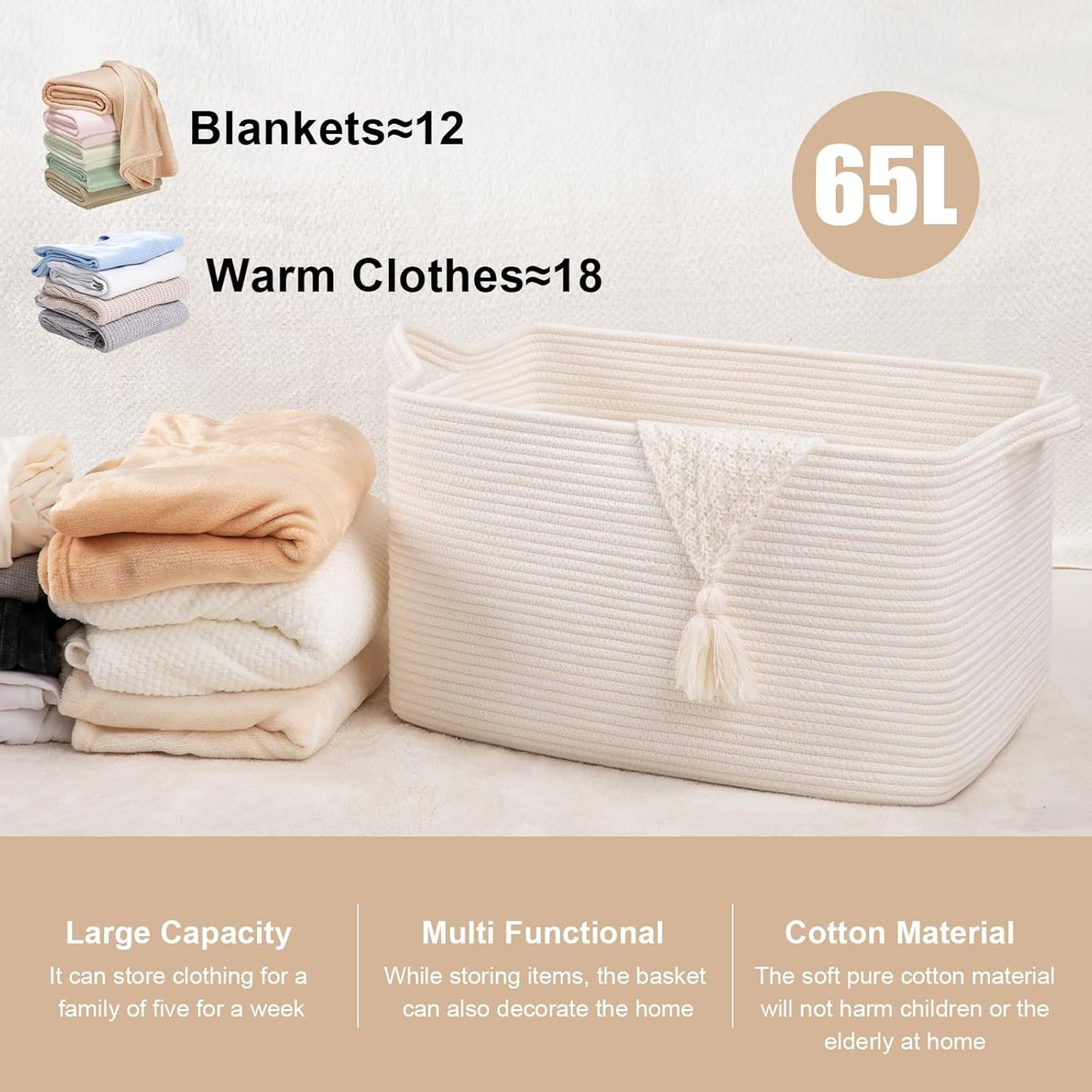 65L Large Storage Basket, Cotton Rope Woven Blanket Basket, Toy Storage for Baby Room, Living Room, White