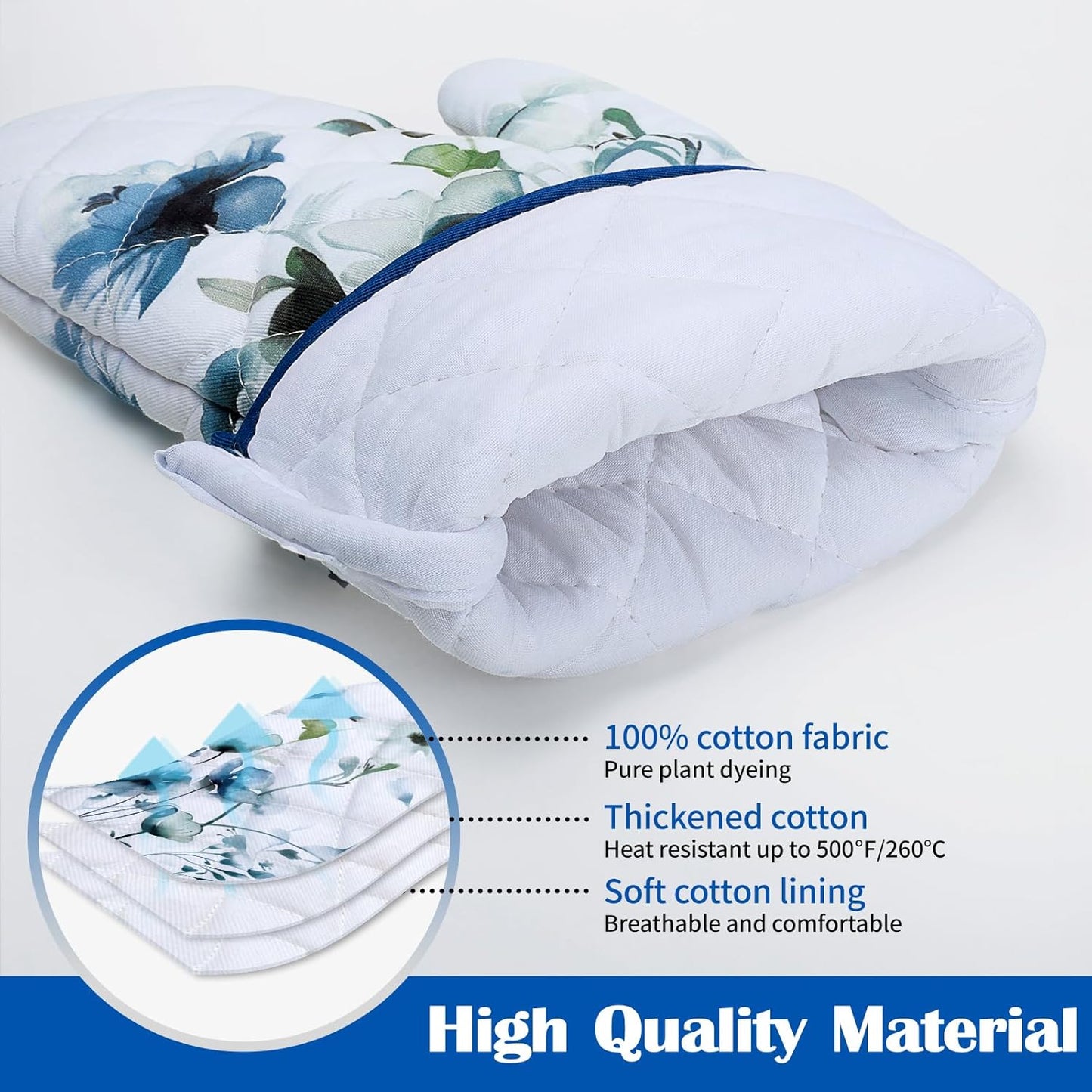 Blue Watercolor Flower Oven Mitts and Pot Holders Sets 100% Cotton Heat Resistant, Extra Long Oven Gloves Potholder for Kitchen Cooking Baking Housewarming