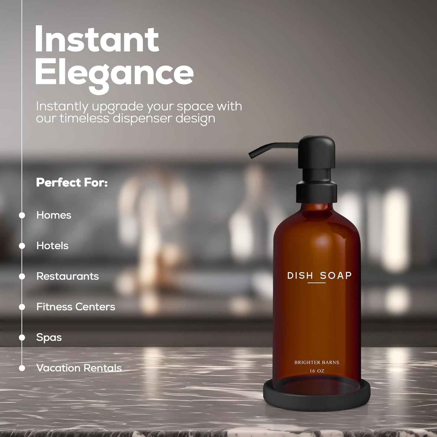 Amber Glass Dish Soap Dispenser for Kitchen Sink by Brighter Barns - Kitchen Soap Dispenser Set with Pump & Tray - Refillable Glass Bottle for Liquid - Modern Home Decor for Airbnb, Restaurant (Amber)