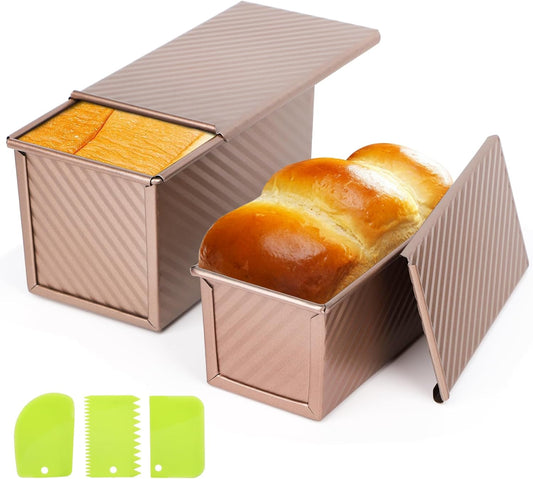Beasea Pullman Loaf Pan with Lid, 2 Pack Non-Stick Bread Loaf Pans for Homemade Bread 1 lb & 0.5 lb Carbon Steel Bread Toast Box with Dough Scraper for Bread Toast Oven Baking - Rose Gold