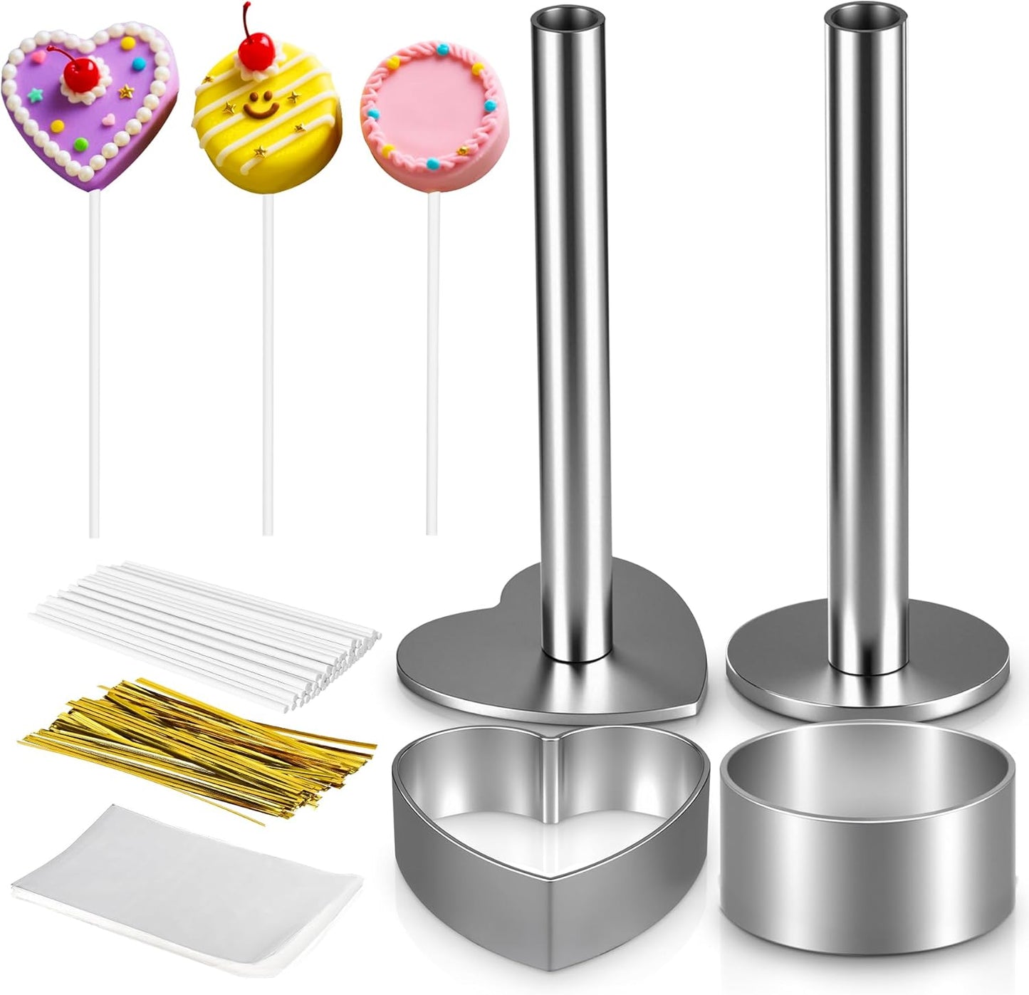 Cake Pop Mold Kit, 2 Pack Cake Pop Cutter and Pusher with 50pcs Cake Pop Sticks, 50pcs Cake Pop Bags, 50pcs Twist Ties, Cake Pop Maker for Cakepops, Lollipop, Candies, Chocolates and Cookies