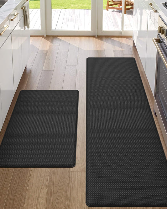 DEXI Kitchen Floor Mats Cushioned Anti Fatigue,17x29+17x59, Standing Runner Rug Waterproof, Comfort Memory Foam Padded for Front Sink Laundry Set of 2, Black