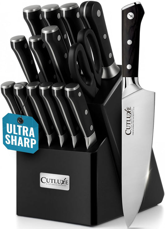 Cutluxe 15-Piece Knife Set – Premium Black Wood Block – Knife Set for Kitchen, Ultra Sharp High Carbon German Stainless Steel, Full Tang – Artisan Series