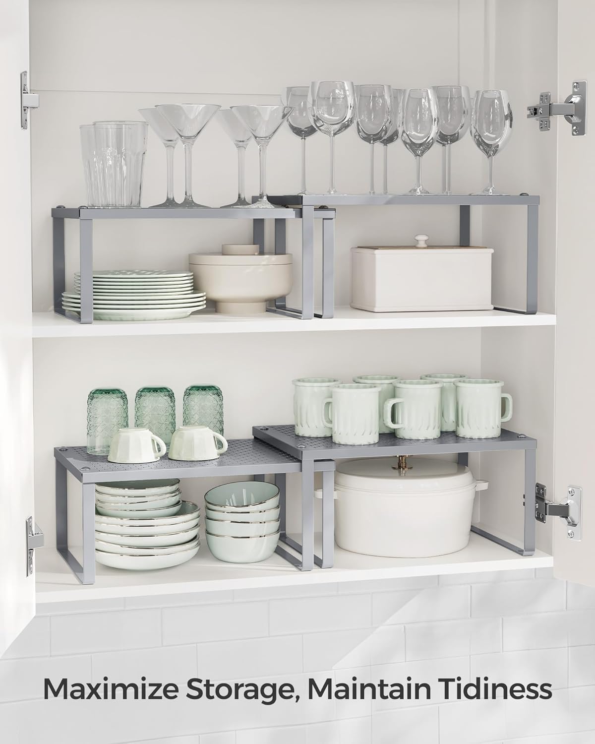 SONGMICS Spice Racks, Set of 4 Metal Cabinet Shelf Organizers, Countertop Organizers, Shelf Risers, Stackable, Expandable, Silver UKCS006S01