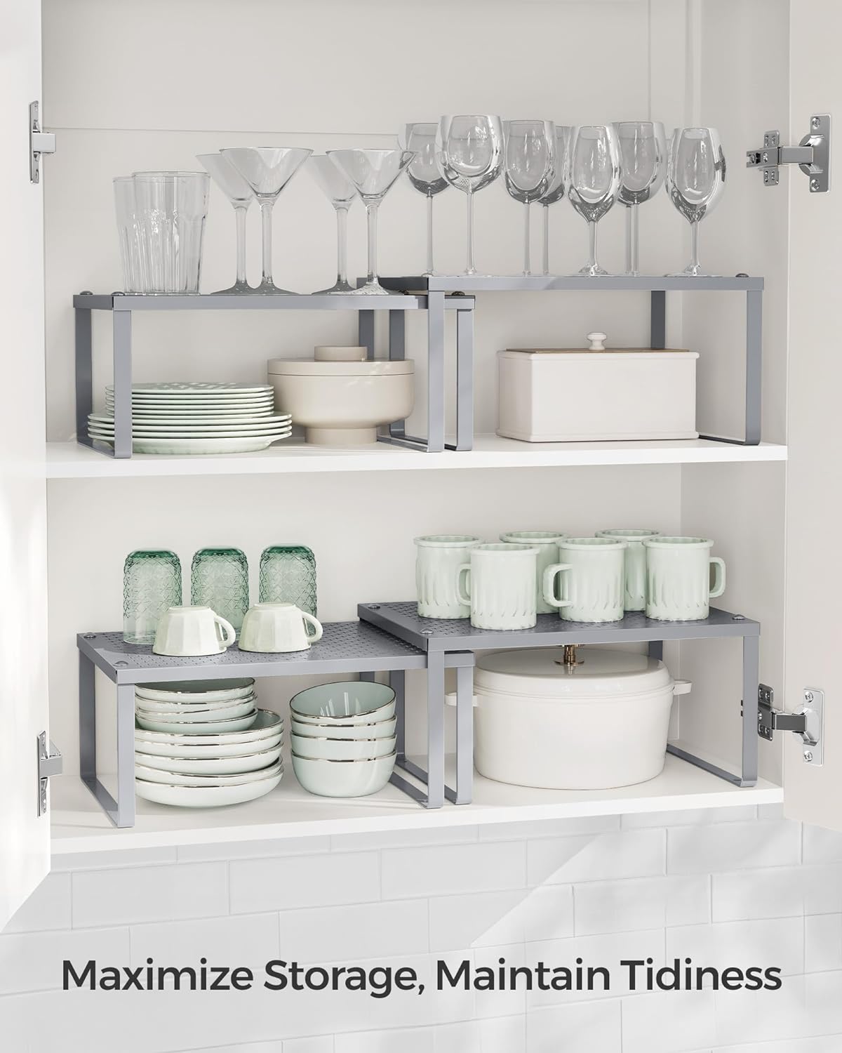 SONGMICS Spice Racks, Set of 2 Metal Cabinet Shelf Organizers, Countertop Organizers, Shelf Risers, Stackable, Expandable, Silver UKCS01SV