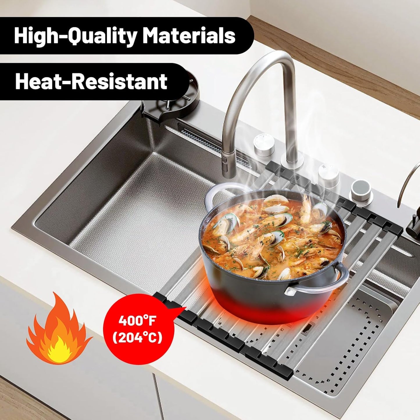 Dish Drying Rack, 19.7" X 13" Over Sink Drying Rack, Kitchen Roll Up 304 Stainless Steel Drain Rack, Roll Up for Kitchen and RV Sinks, Black