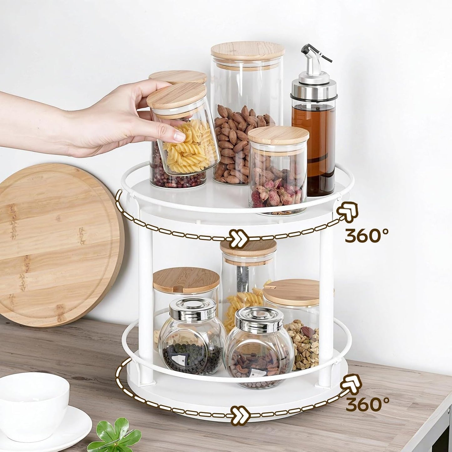 Lazy Susan Organizer, Rotating Spice Rack, 2 Tier Spice Turntable Organizer, Industrial Turntable Spice Holder, for Kitchen Countertop, Compact and Versatile, White SR22WW