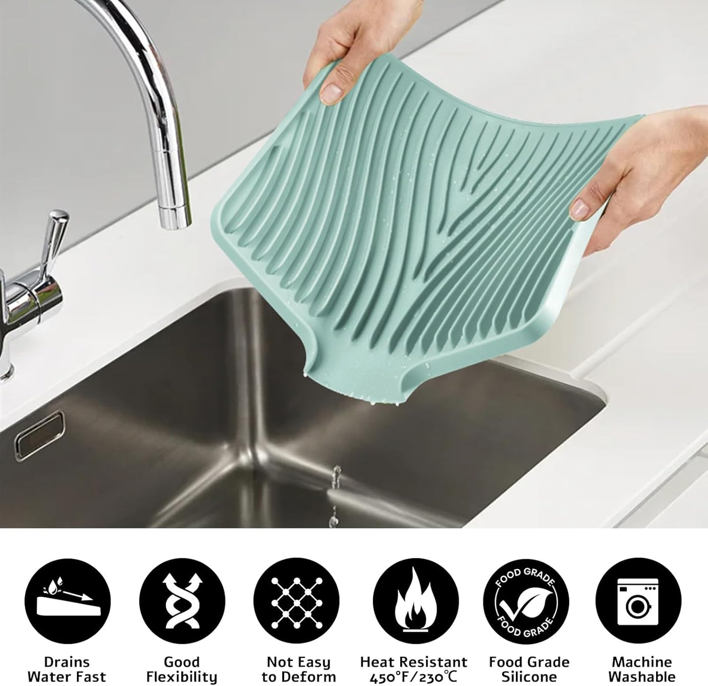 Silicone Dish Drying Mat, Stone Drying Mat for Kitchen Counter with Built-in Drain, Non-Slip 15.8" X 13" Drying Matt Kitchen Counter and Grey Microfiber Cleaning Cloth, Cleaning Rags Set(Mint)